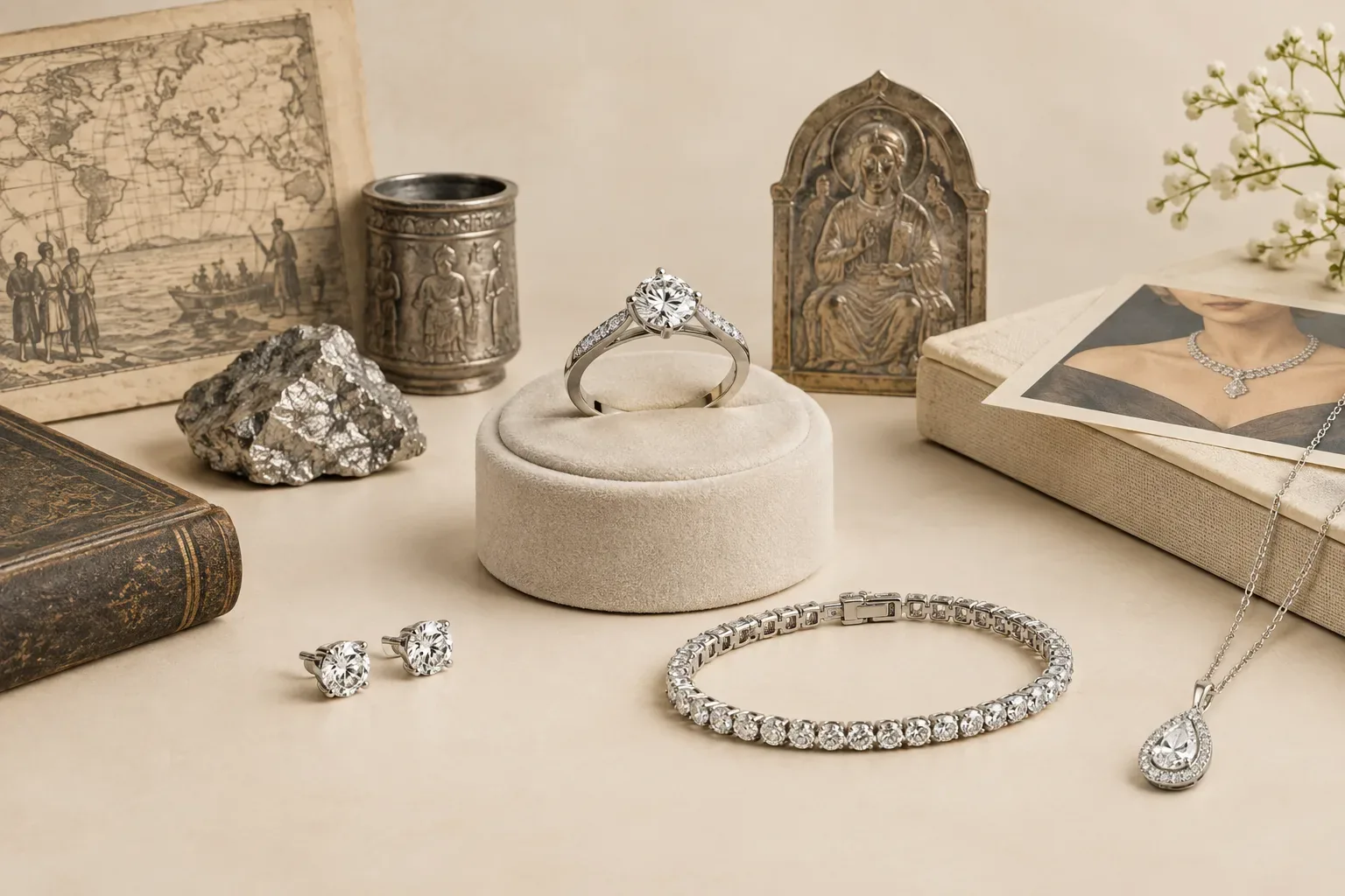 Editorial jewelry still life for Platinum Jewelry Buying Guide: Quality, Price, and Best Uses