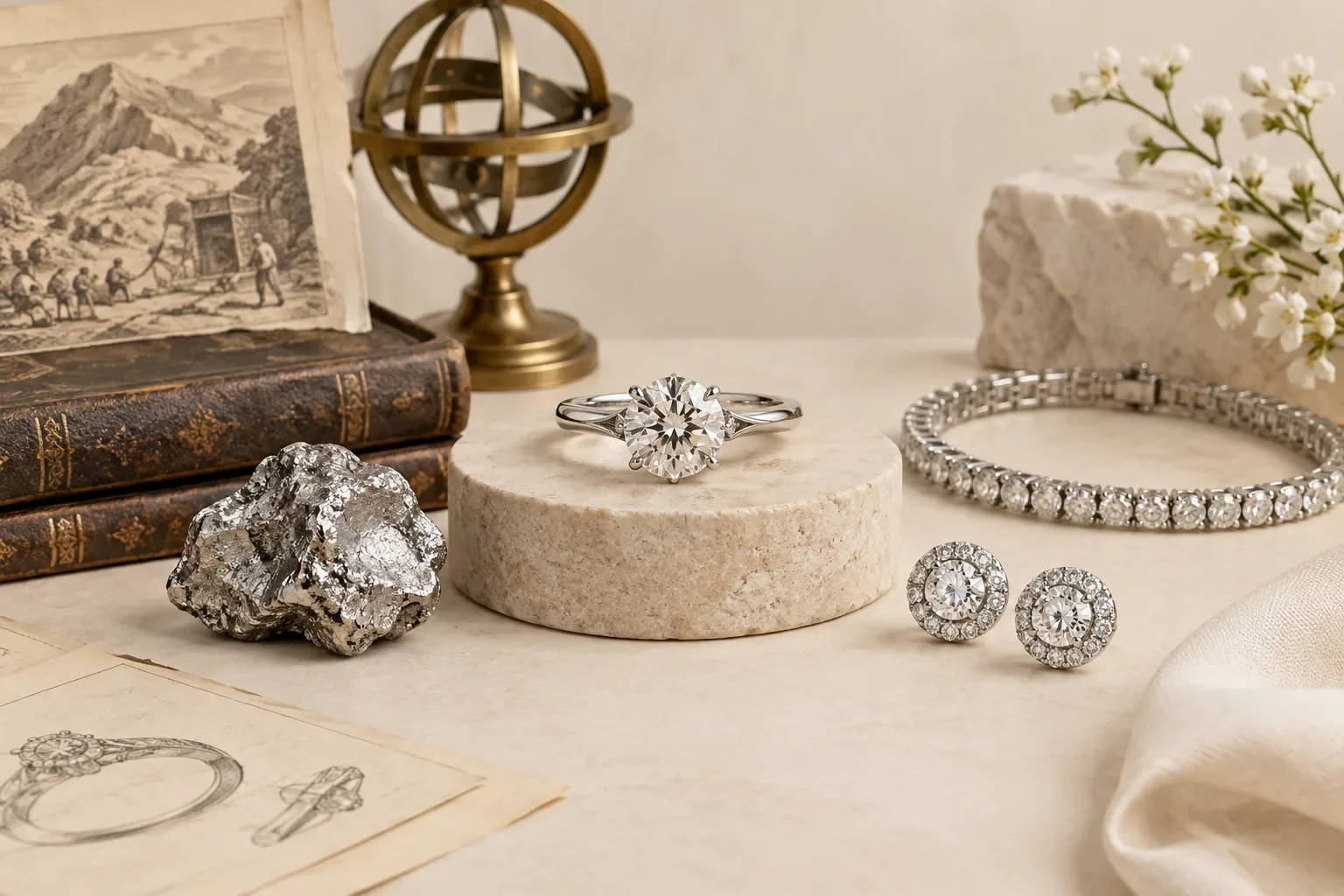 Editorial jewelry still life for Platinum Jewelry Explained: Composition, Hallmarks, and Disclosure
