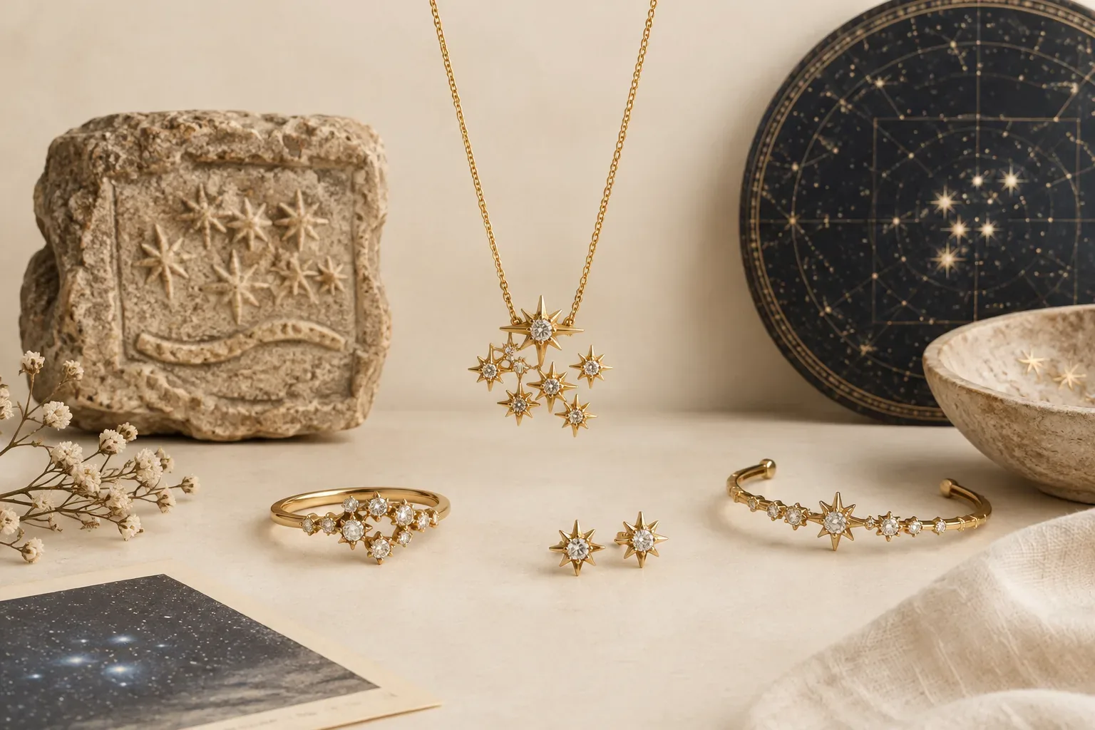 Editorial jewelry still life for Pleiades Jewelry Meaning: History, Astronomy, and Modern Symbolism