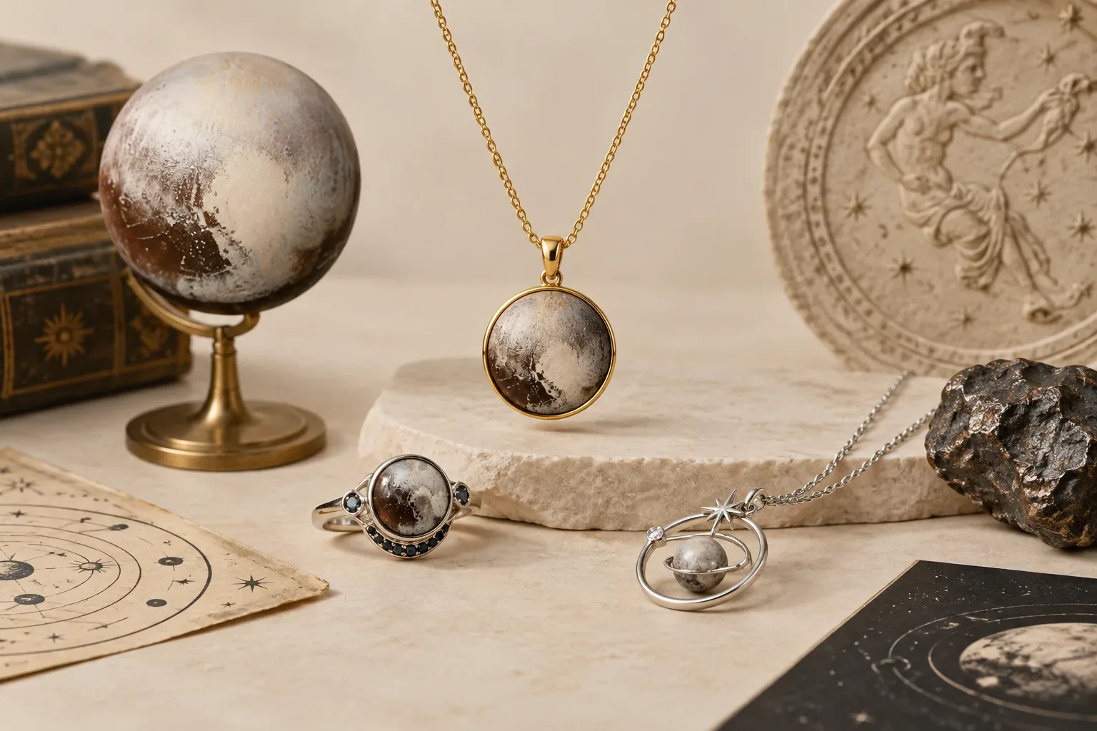 Editorial jewelry still life for Pluto Jewelry Meaning: History, Astronomy, and Modern Symbolism