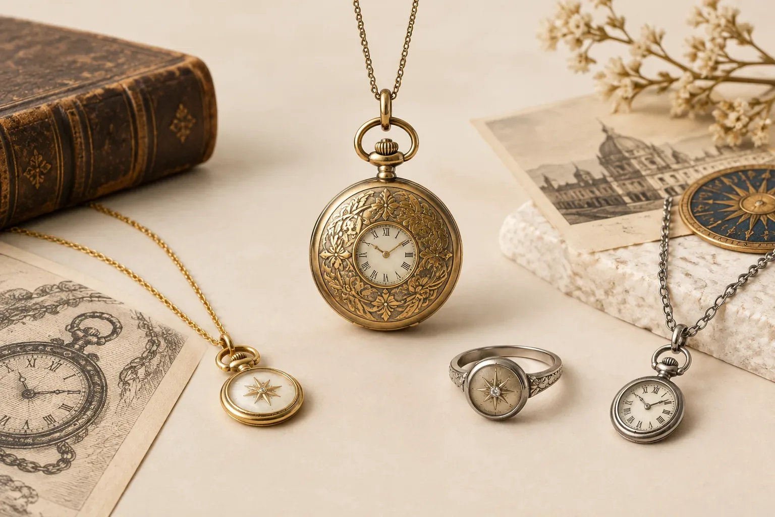 Editorial jewelry still life for Pocket Watch Jewelry Meaning: History, Symbolism, and Modern Wear