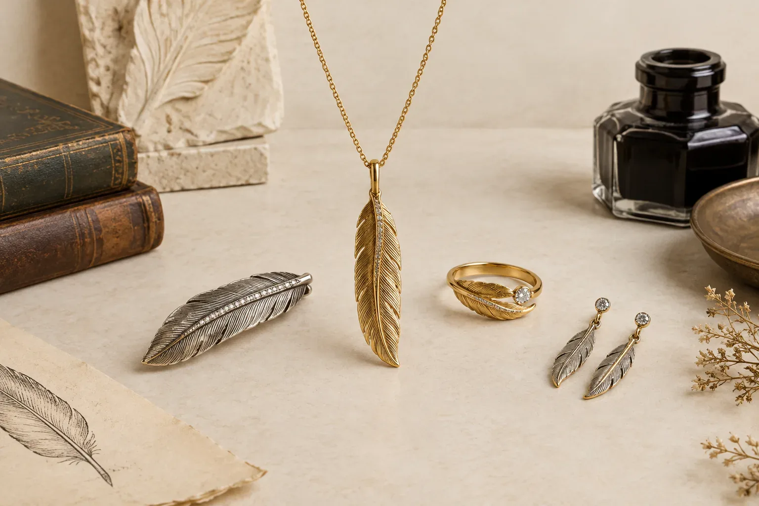 Editorial jewelry still life for Quill Jewelry Meaning: History, Symbolism, and Modern Wear