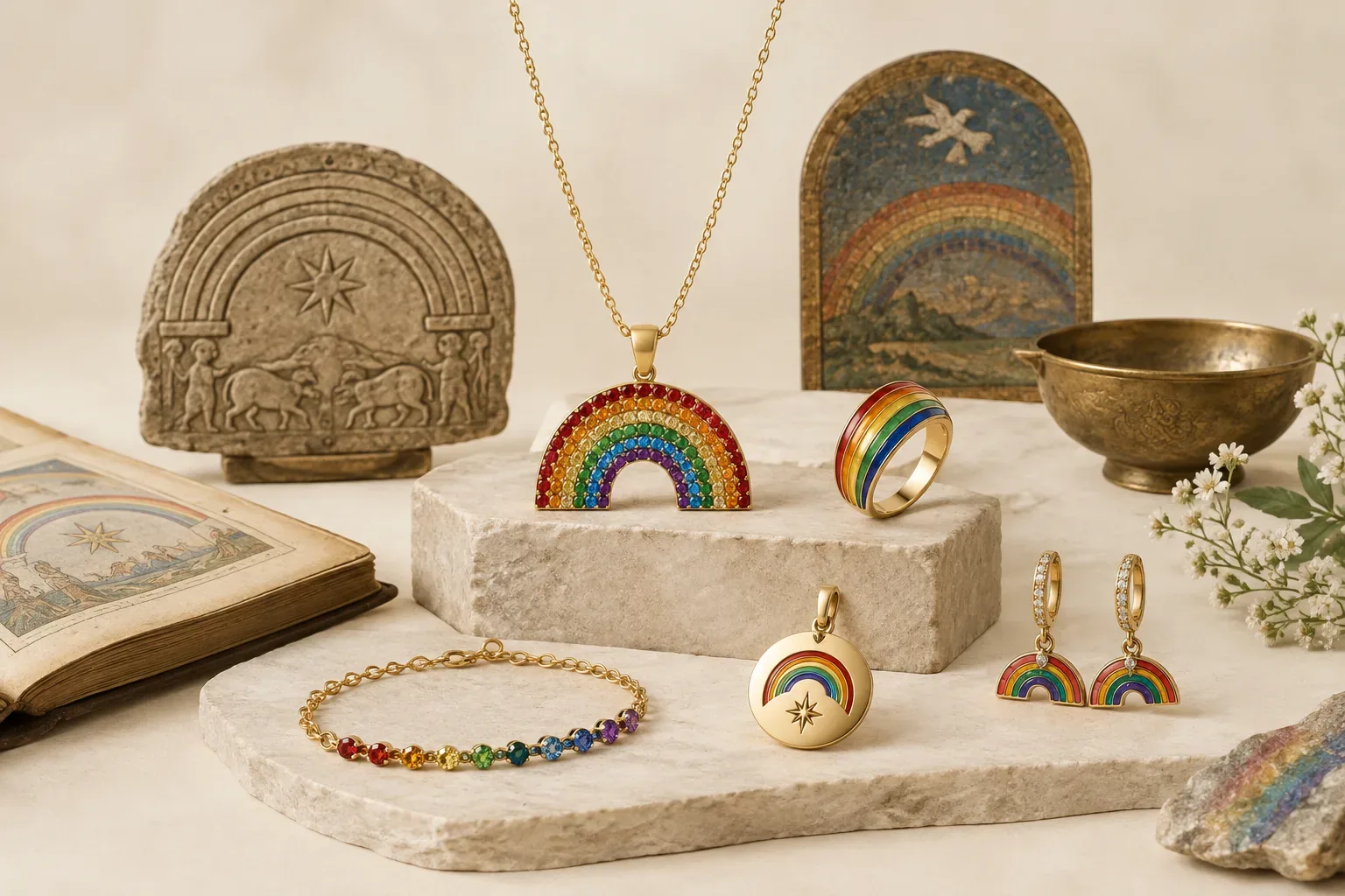 Editorial jewelry still life for Rainbow Jewelry Meaning: History, Symbolism, and Modern Wear