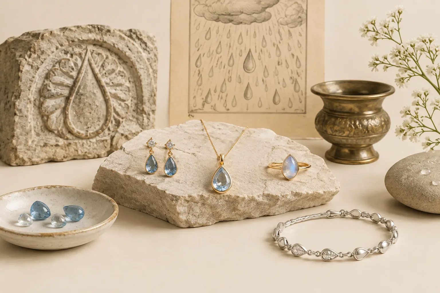 Editorial jewelry still life for Raindrop Jewelry Meaning: History, Symbolism, and Modern Wear