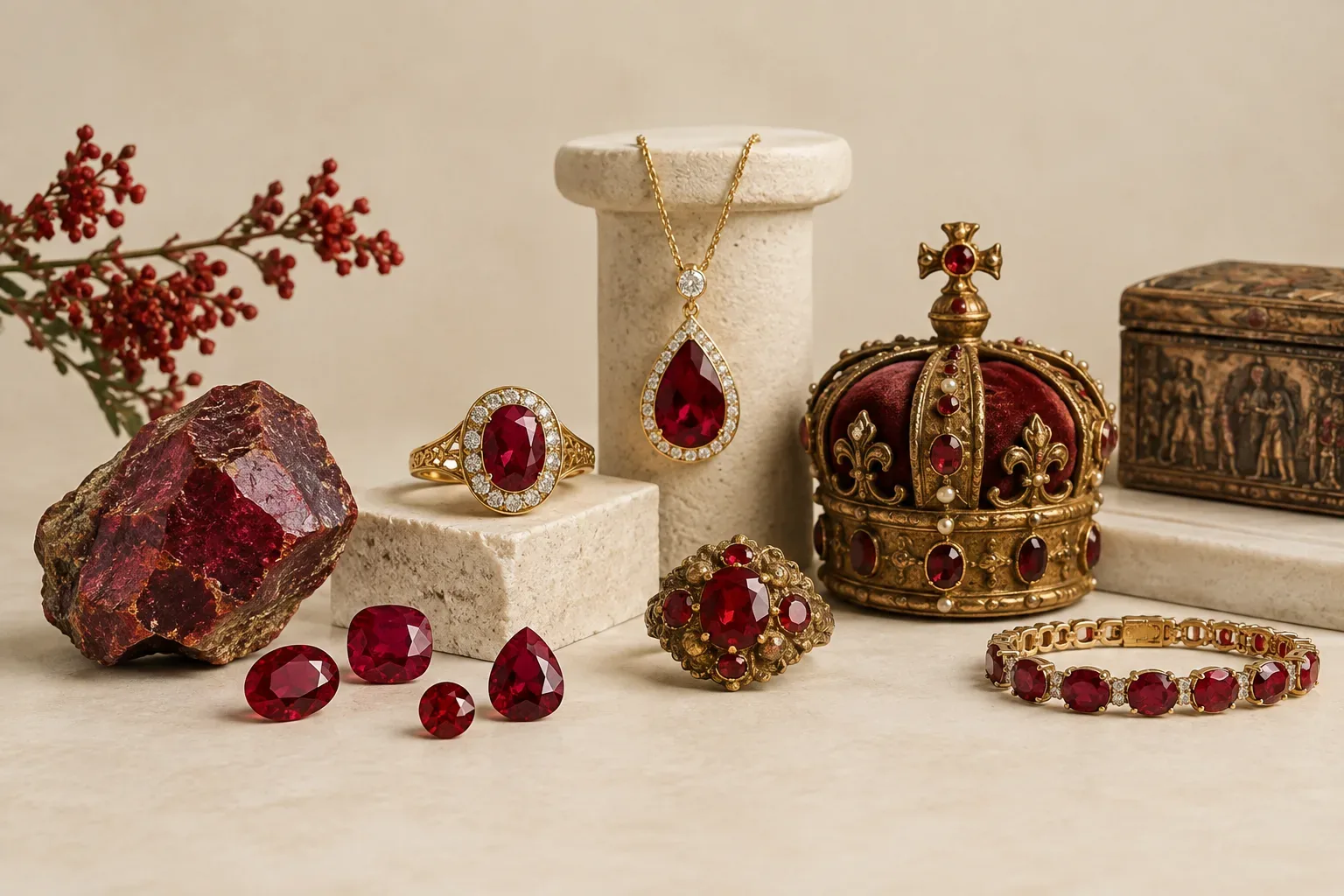 Editorial jewelry still life for Red Jewelry Meaning: Gemstones, History, and Modern Symbolism