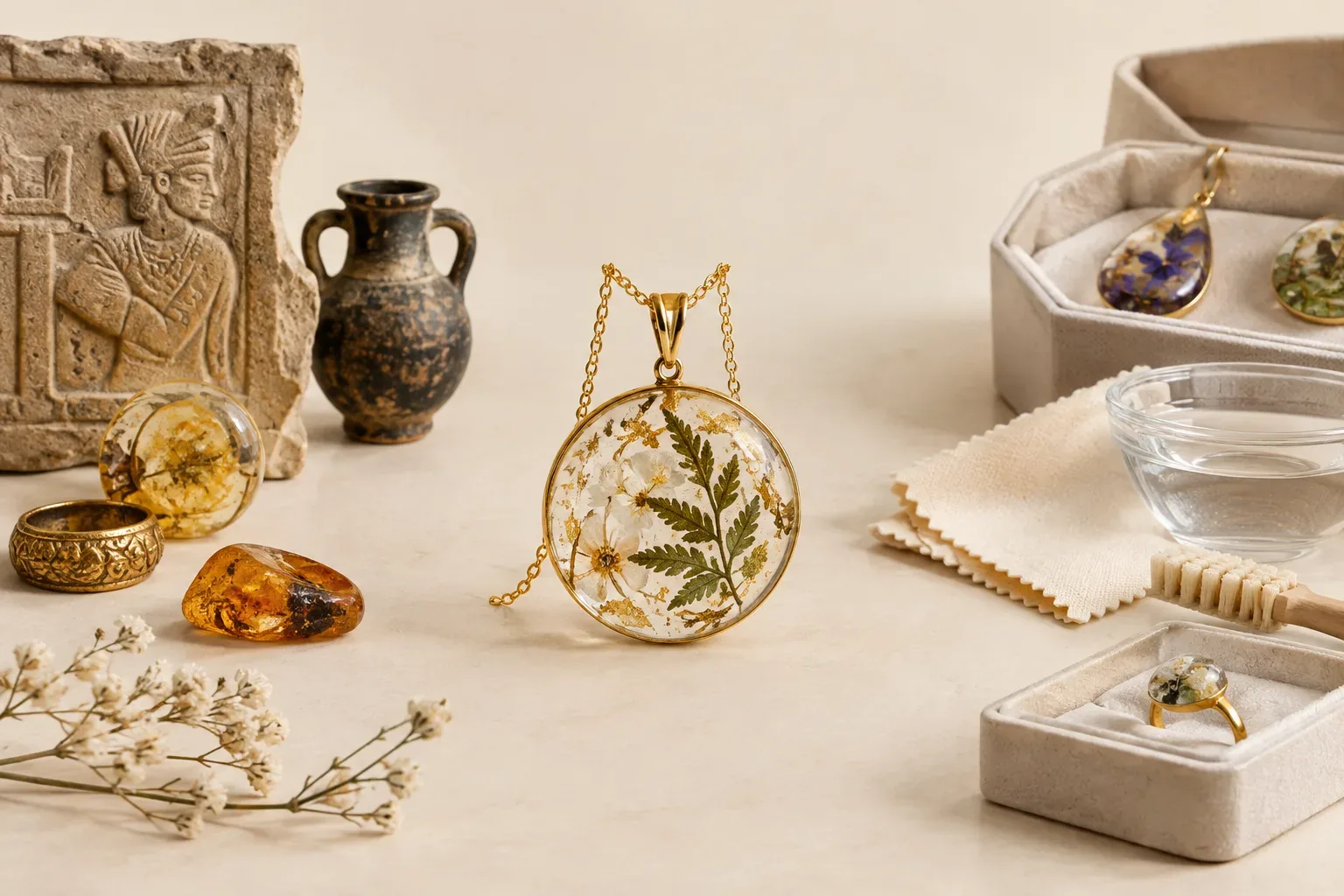 Editorial jewelry still life for Resin Jewelry Cleaning and Storage Guide: Safe Methods and Mistakes