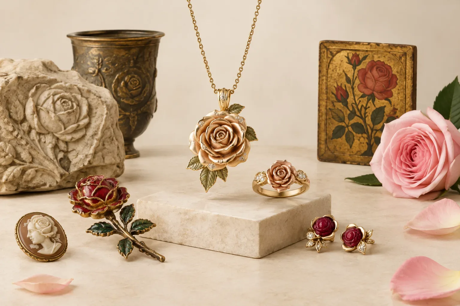 Editorial jewelry still life for Rose Jewelry Meaning: History, Symbolism, and Modern Wear