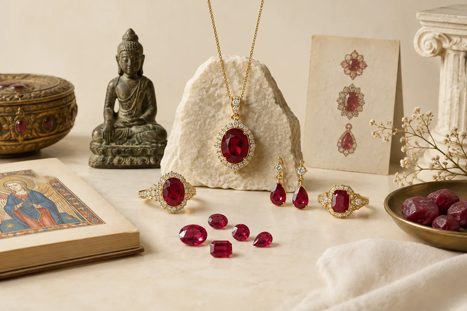 Editorial jewelry still life for Ruby Cuts and Settings: Choosing Beauty and Durability