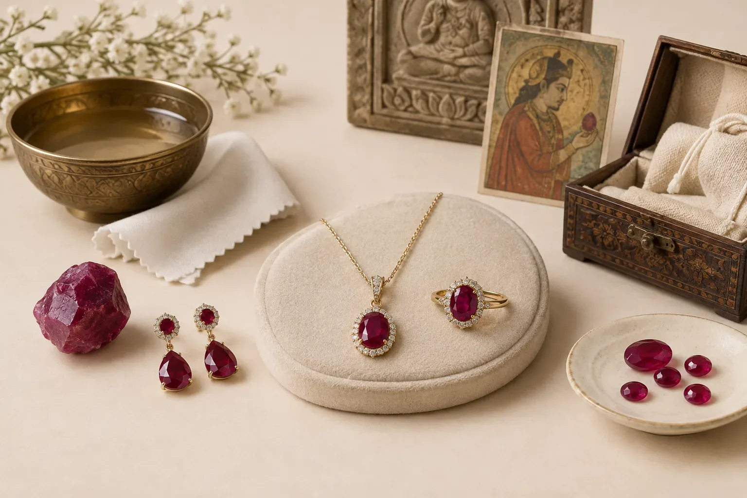 Editorial jewelry still life for Ruby Jewelry Cleaning and Storage Guide: Safe Methods and Mistakes