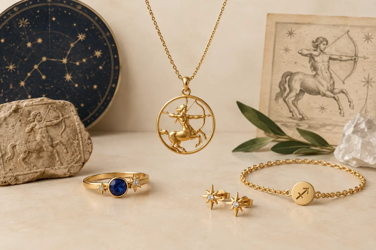 Editorial jewelry still life for Sagittarius Jewelry Meaning: History, Astronomy, and Modern Symbolism