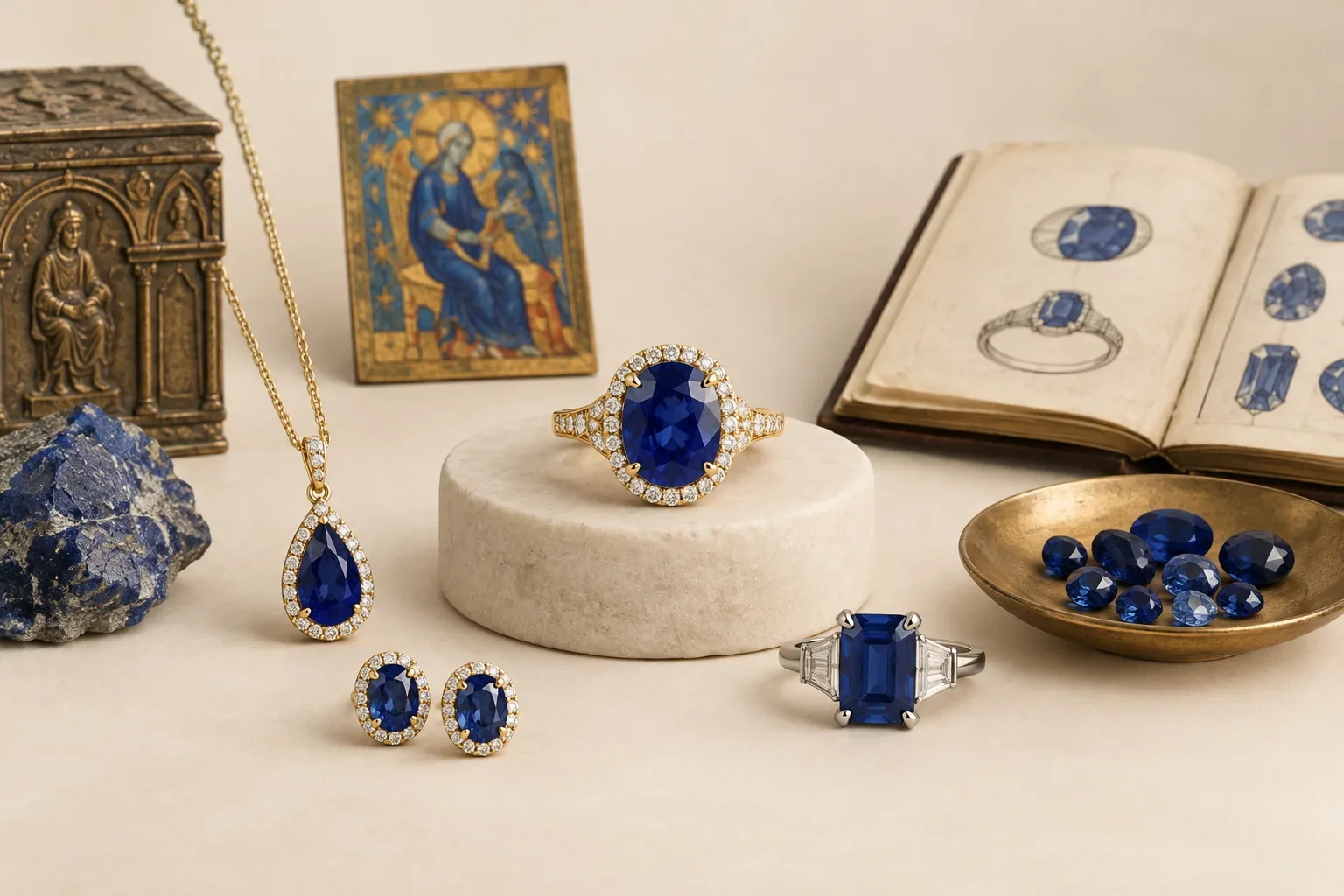 Editorial jewelry still life for Sapphire Cuts and Settings: Choosing Beauty and Durability