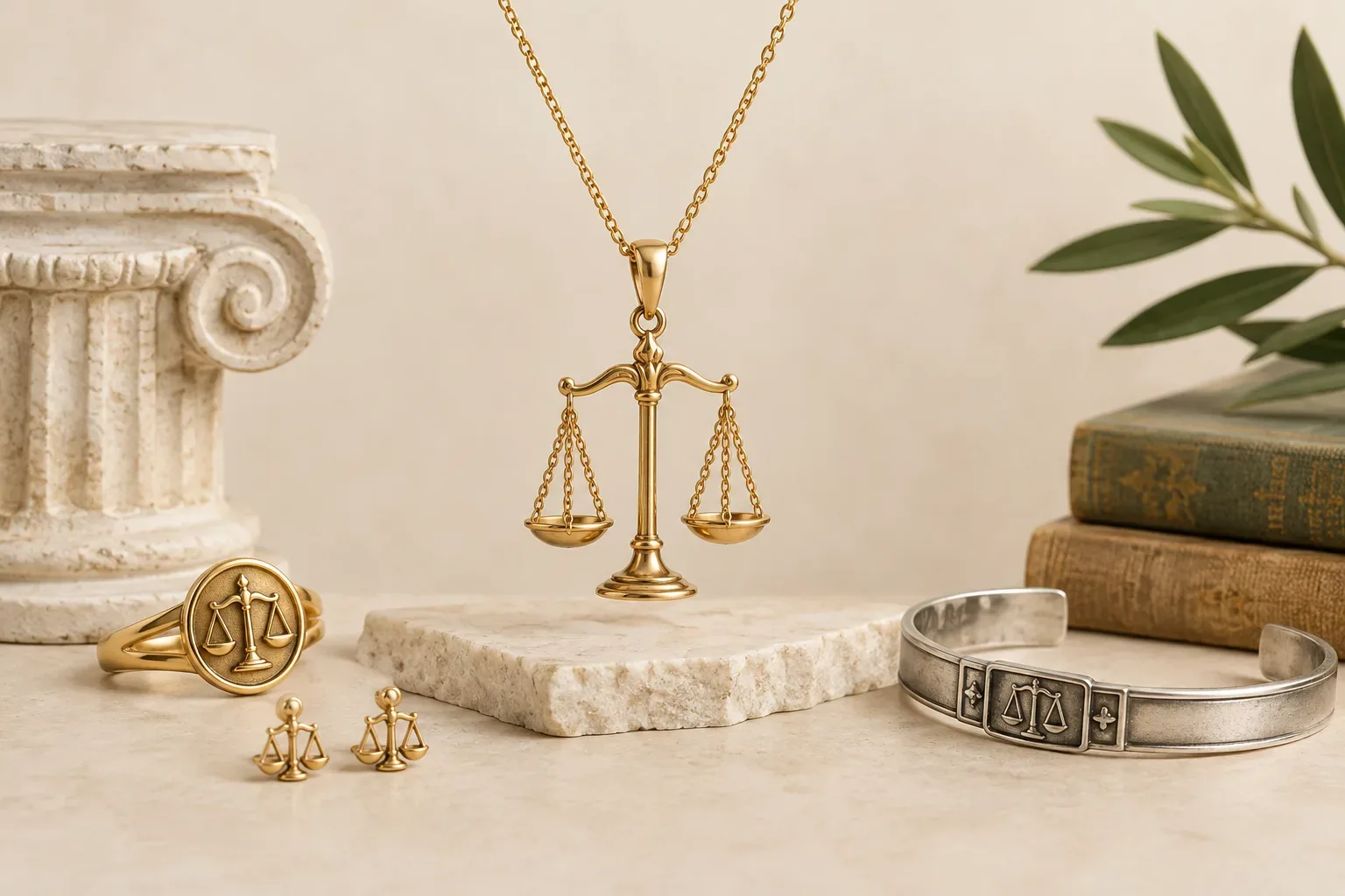 Editorial jewelry still life for Scales of Justice Jewelry Meaning: History, Symbolism, and Modern Wear