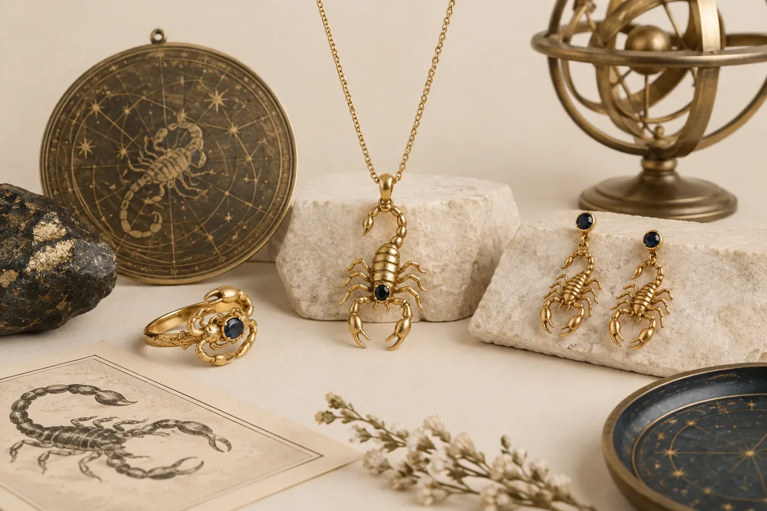 Editorial jewelry still life for Scorpio Zodiac Jewelry Meaning: History, Astronomy, and Modern Symbolism