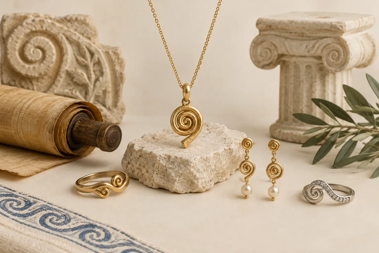 Editorial jewelry still life for Scroll Jewelry Meaning: History, Symbolism, and Modern Wear