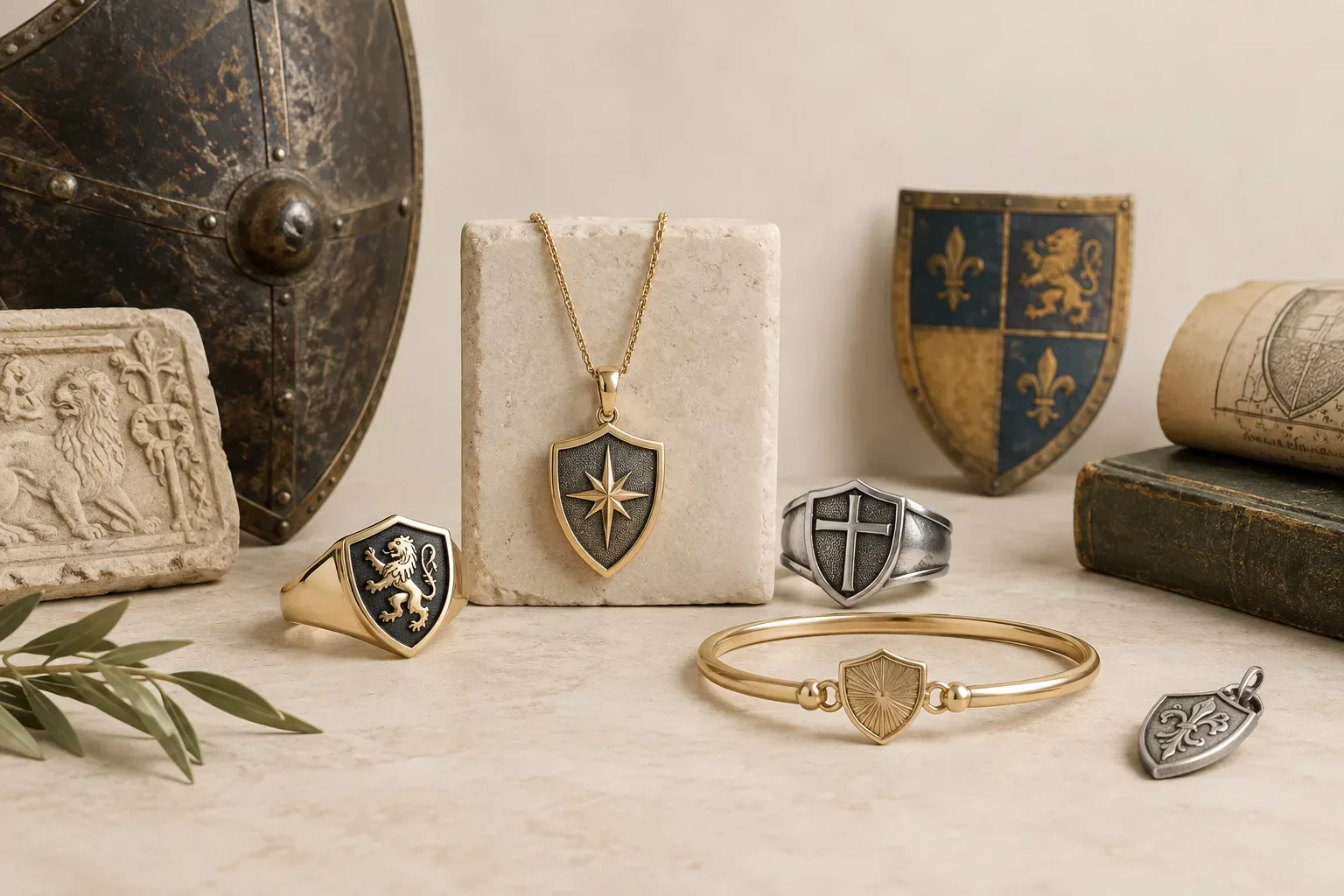 Editorial jewelry still life for Shield Jewelry Meaning: History, Symbolism, and Modern Wear