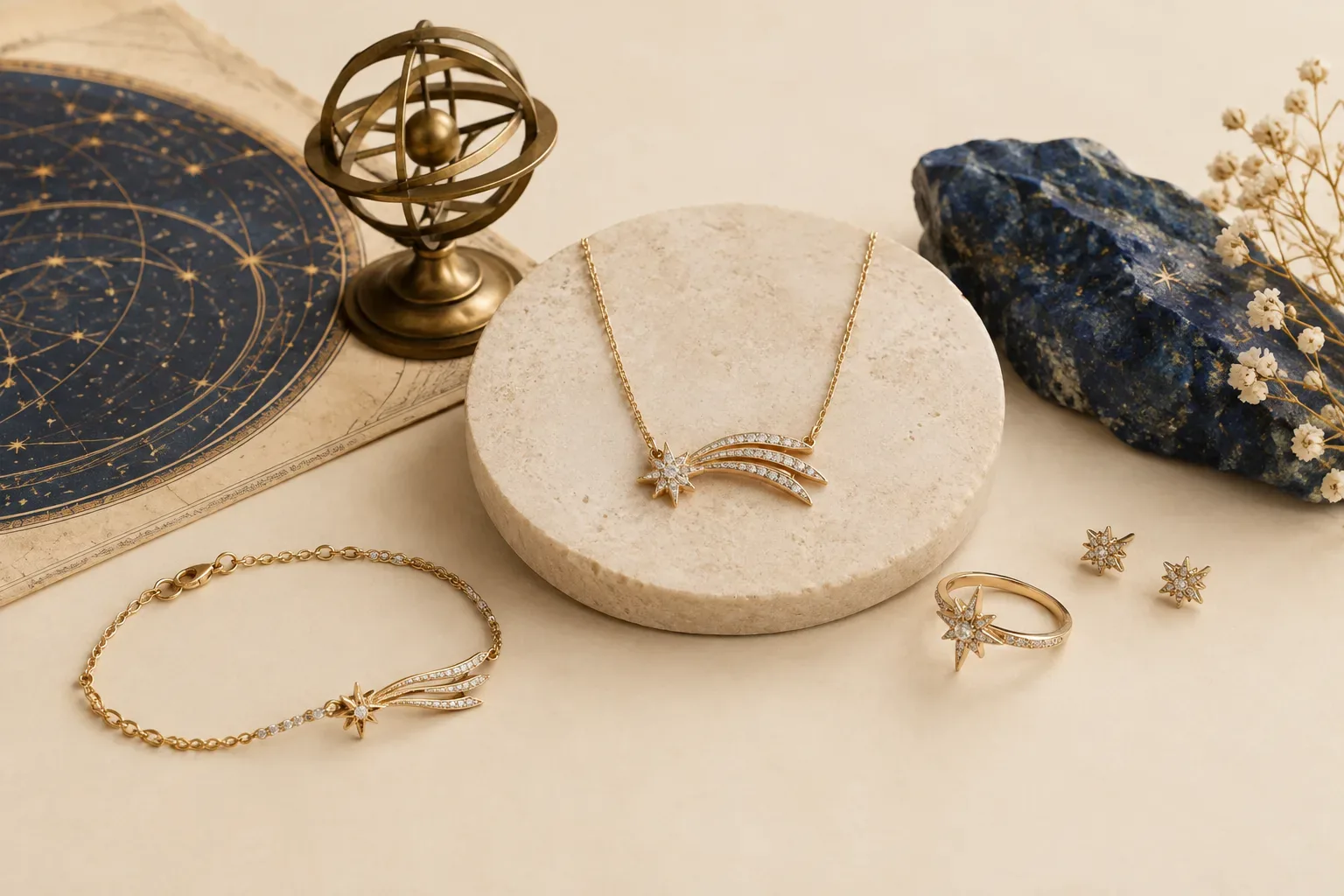 Editorial jewelry still life for Shooting Star Jewelry Meaning: History, Astronomy, and Modern Symbolism