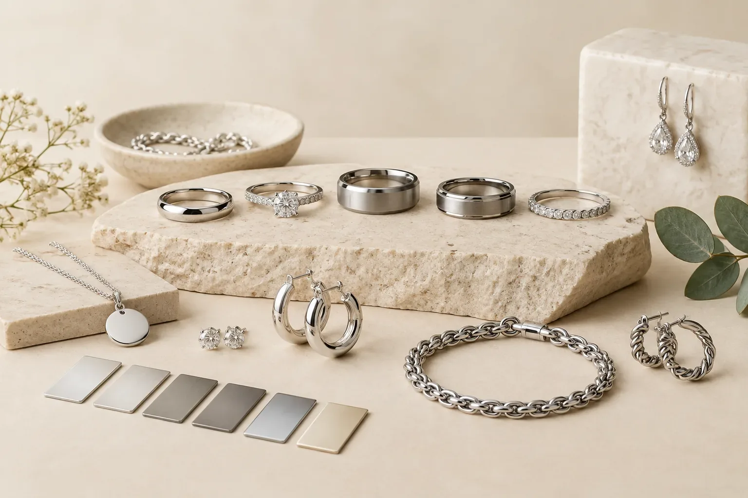 Editorial jewelry still life for Silver-Color Jewelry: Sterling Silver, White Gold, and Alternatives