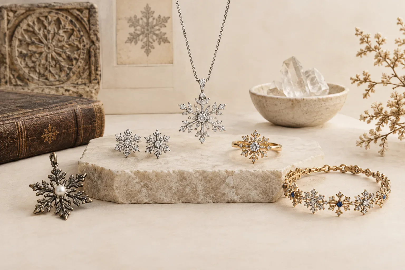 Editorial jewelry still life for Snowflake Jewelry Meaning: History, Symbolism, and Modern Wear