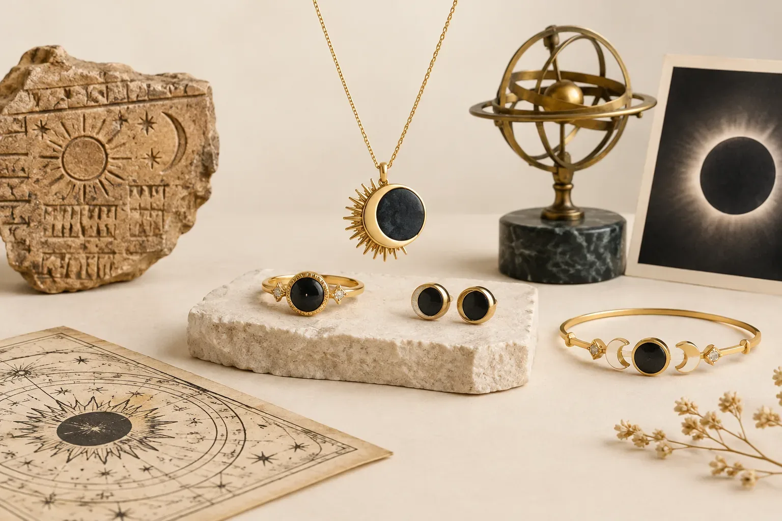 Editorial jewelry still life for Solar Eclipse Jewelry Meaning: History, Astronomy, and Modern Symbolism
