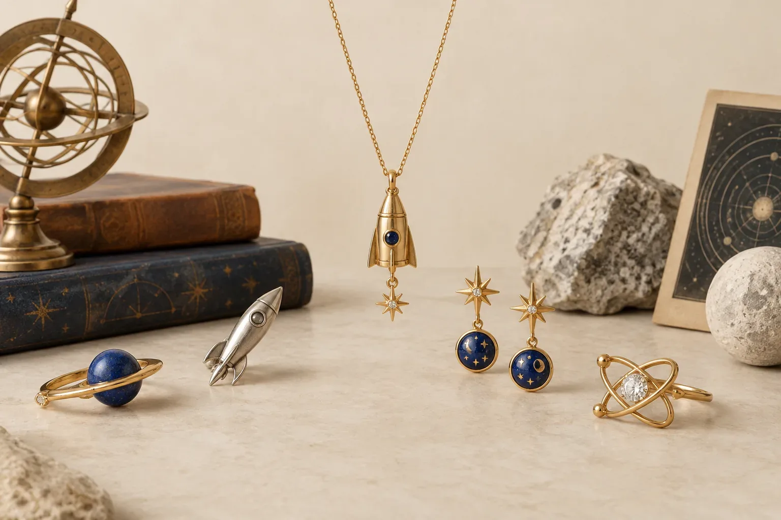 Editorial jewelry still life for Spacecraft Jewelry Meaning: History, Astronomy, and Modern Symbolism
