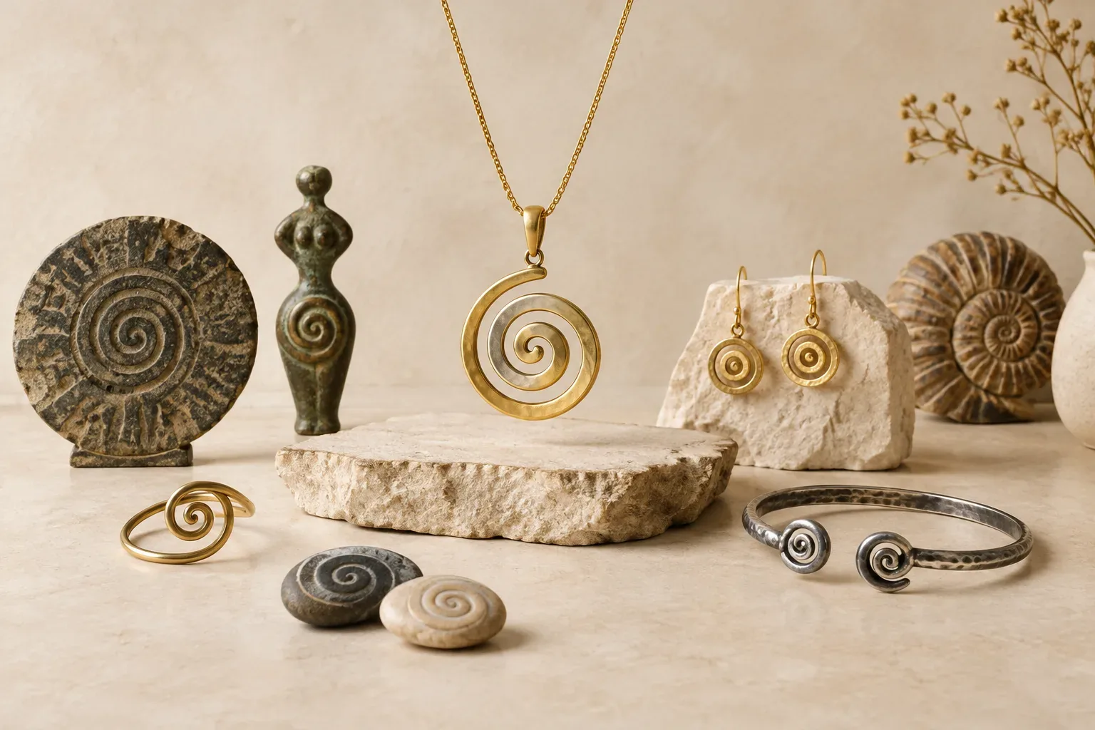Editorial jewelry still life for Spiral Jewelry Meaning: History, Symbolism, and Modern Wear