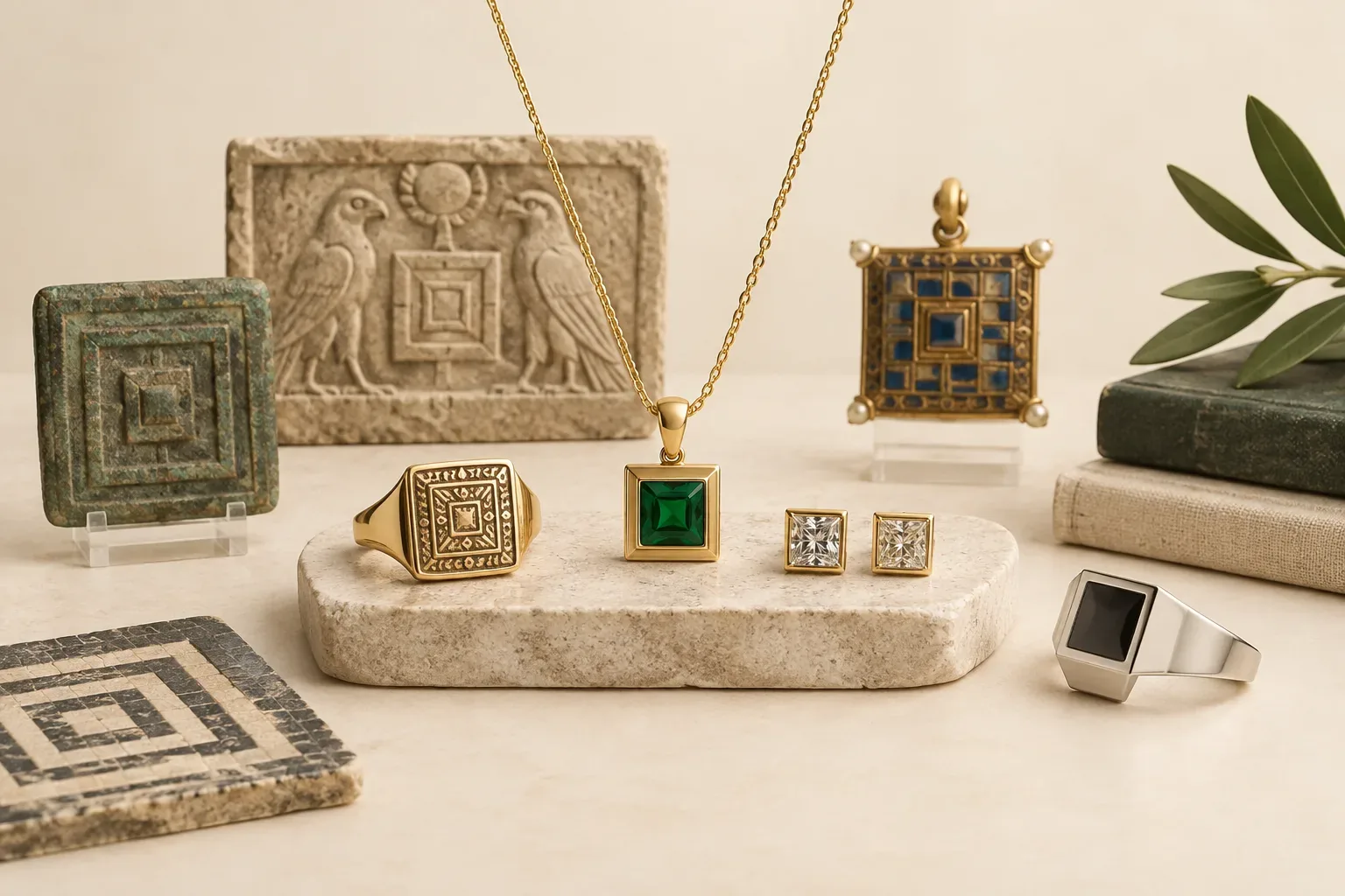 Editorial jewelry still life for Square Jewelry Meaning: History, Symbolism, and Modern Wear