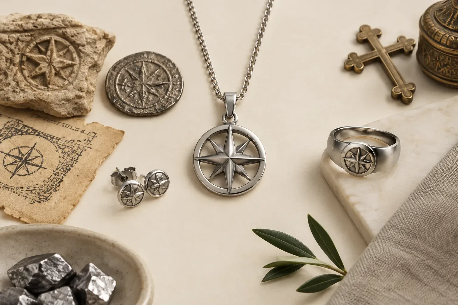 Editorial jewelry still life for Stainless Steel Jewelry Explained: Composition, Hallmarks, and Disclosure