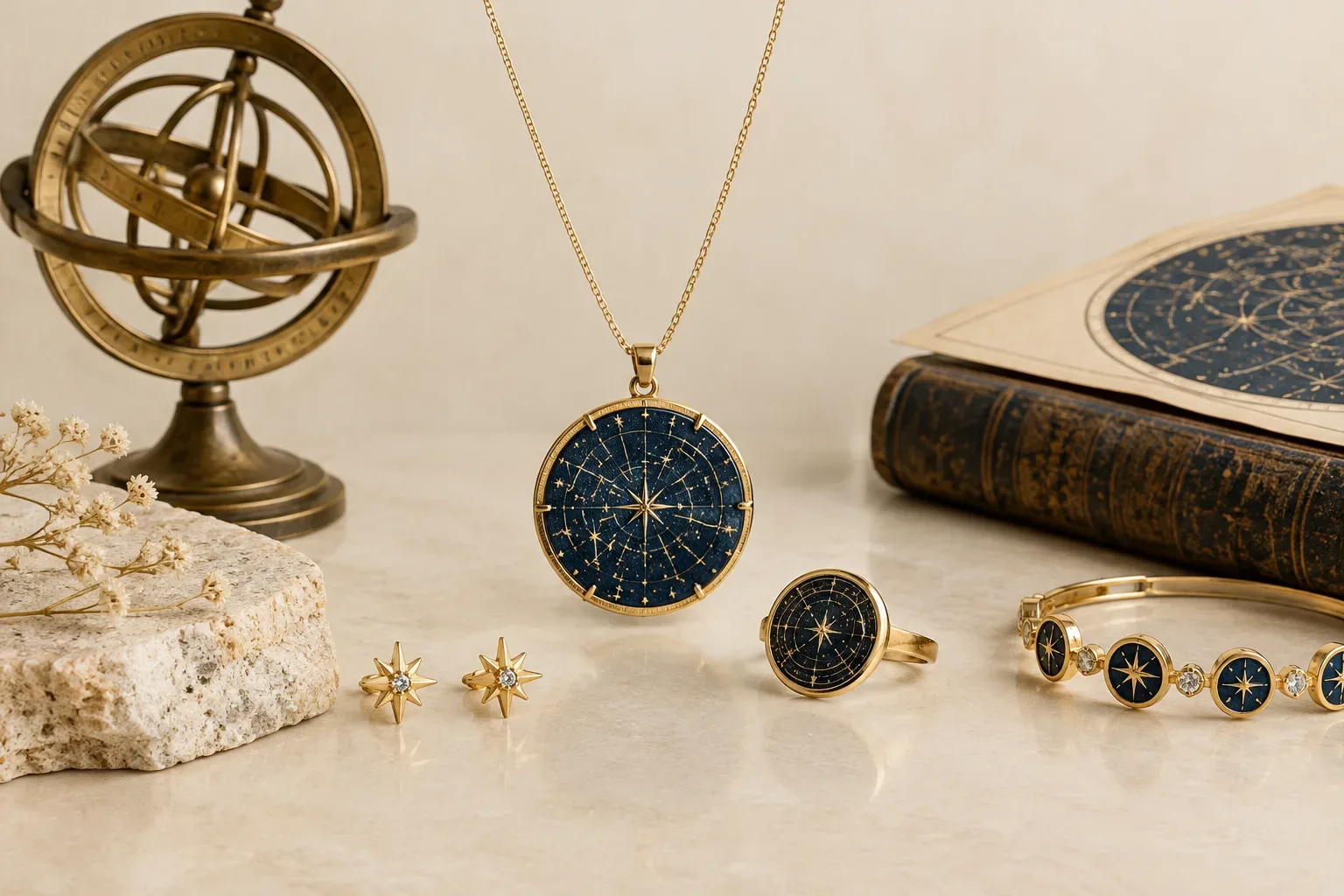 Editorial jewelry still life for Star Chart Jewelry Meaning: History, Astronomy, and Modern Symbolism