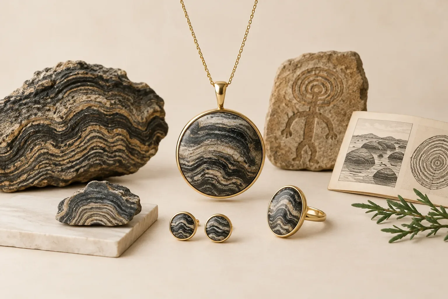 Editorial jewelry still life for Stromatolite Jewelry Guide: Natural History, Meaning, and Responsible Wear