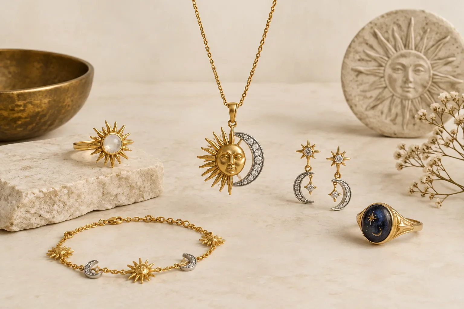 Editorial jewelry still life for Sun and Moon Jewelry Meaning: History, Astronomy, and Modern Symbolism