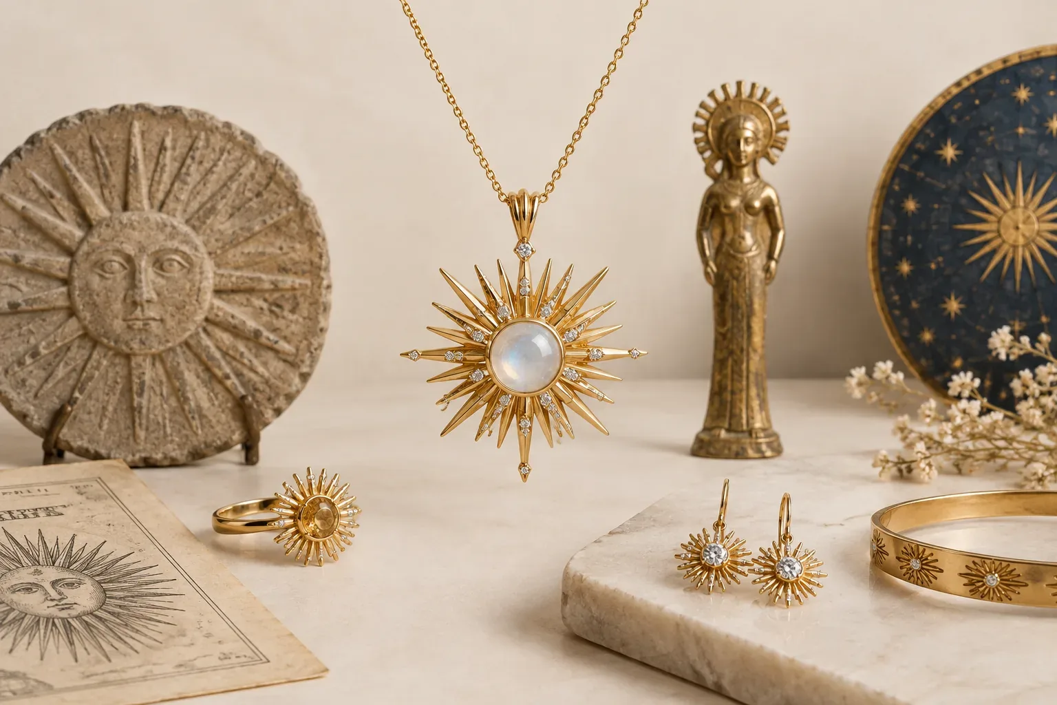 Editorial jewelry still life for Sunburst Jewelry Meaning: History, Symbolism, and Modern Wear