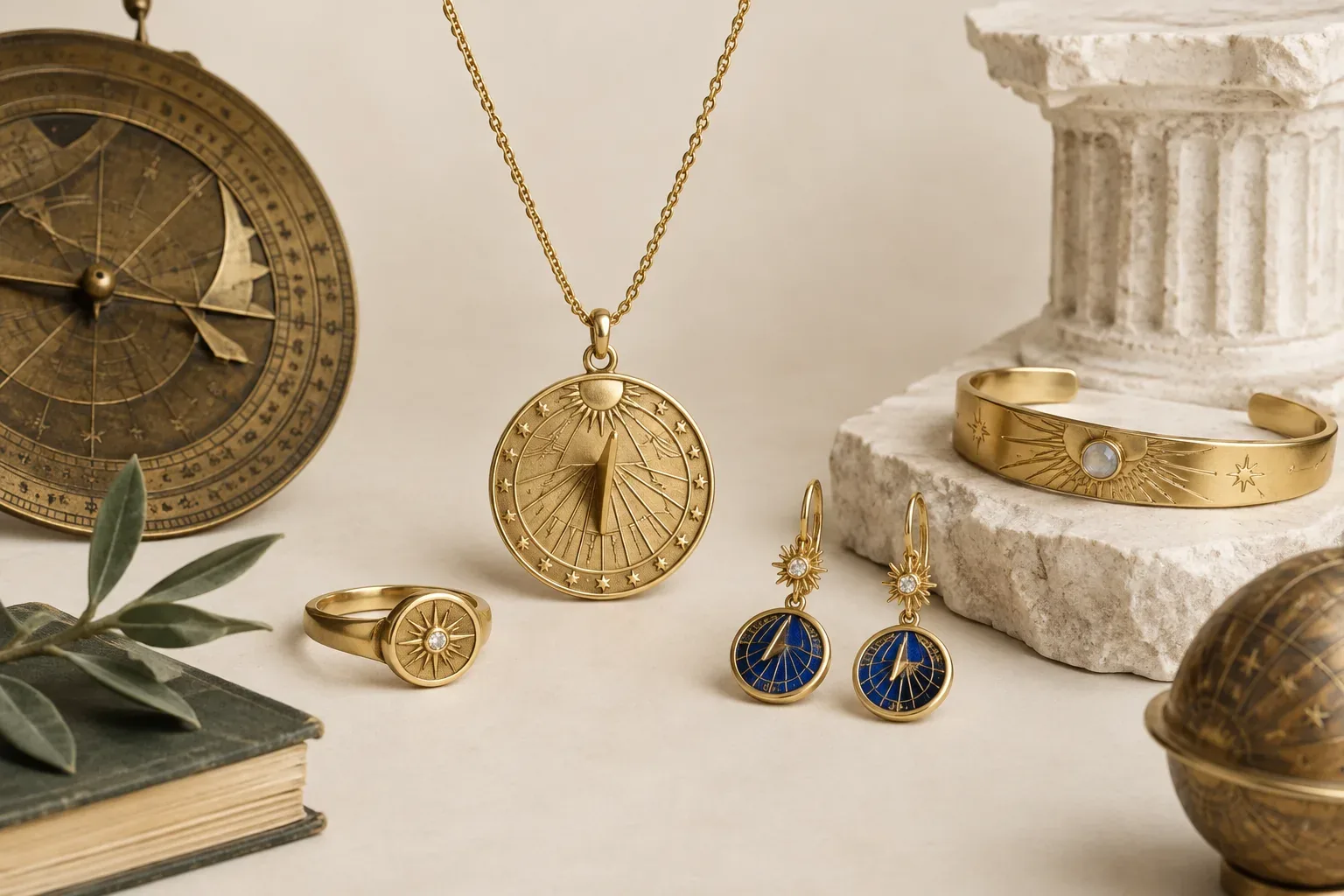 Editorial jewelry still life for Sundial Jewelry Meaning: History, Astronomy, and Modern Symbolism
