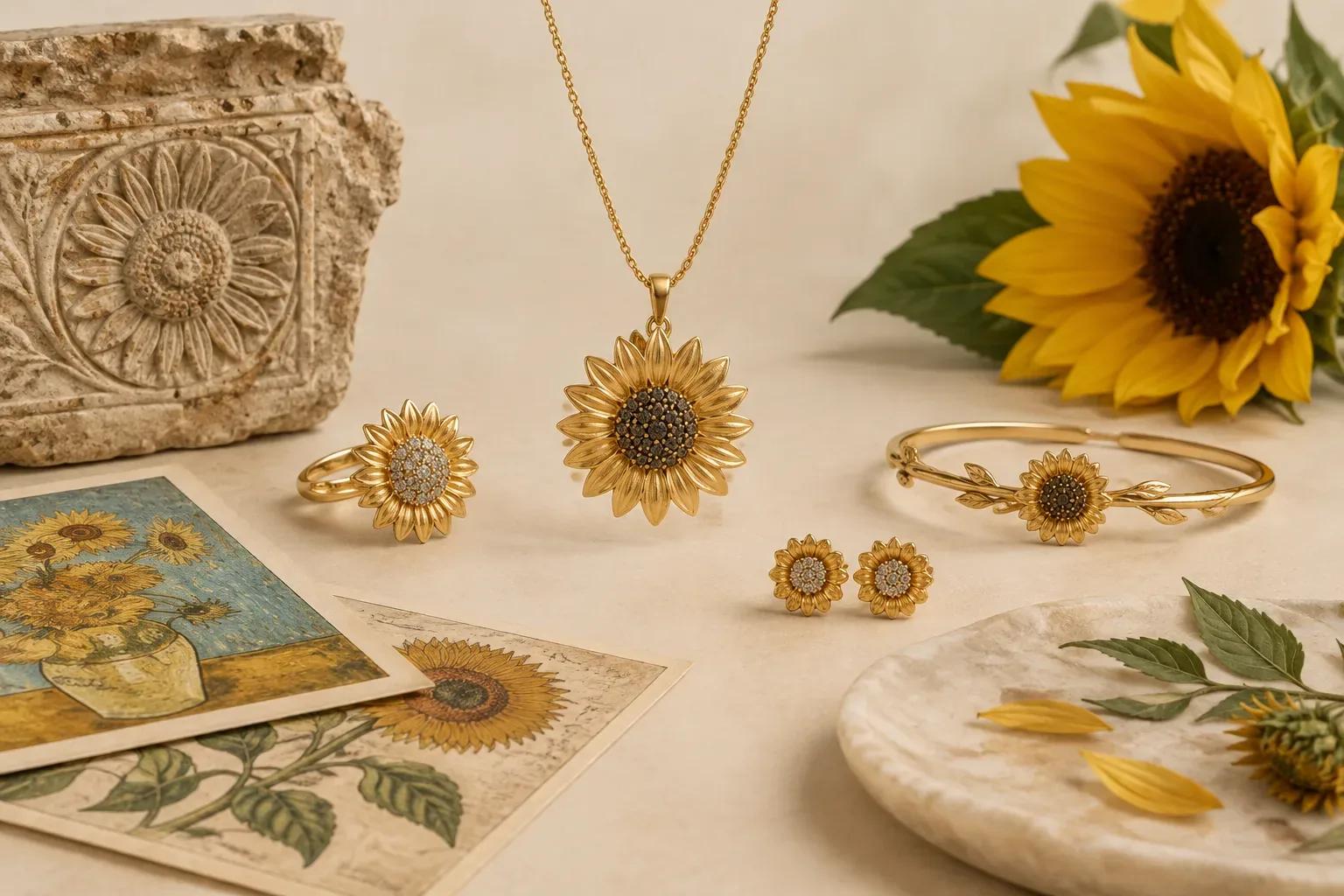 Editorial jewelry still life for Sunflower Jewelry Meaning: History, Symbolism, and Modern Wear