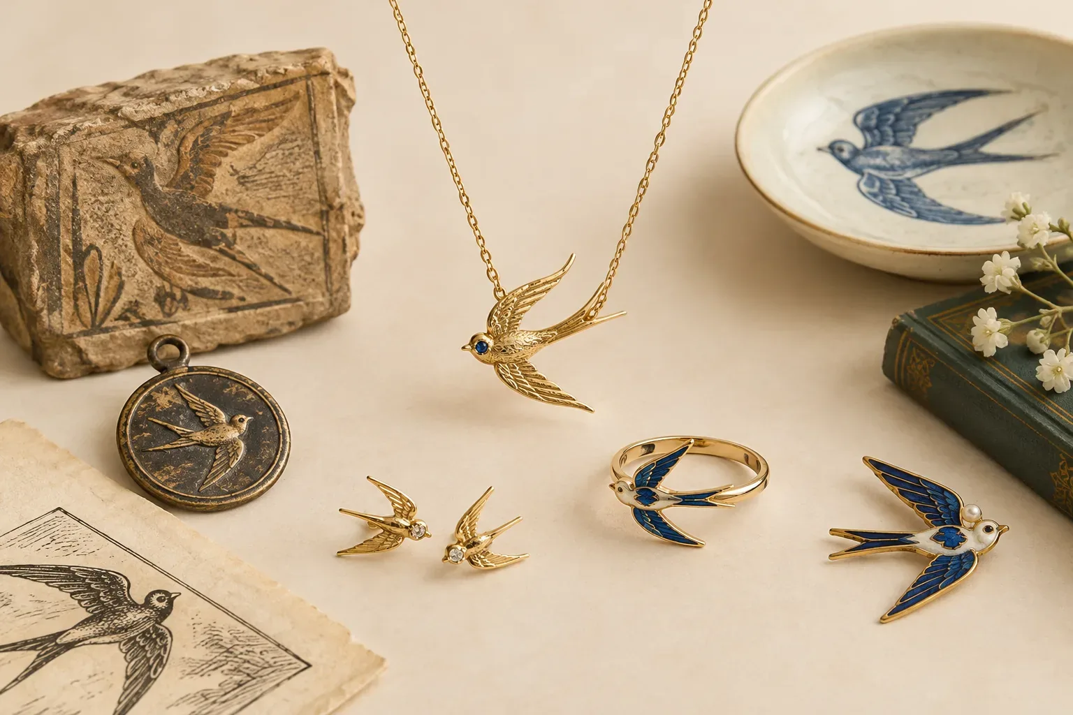 Editorial jewelry still life for Swallow Jewelry Meaning: History, Symbolism, and Modern Wear
