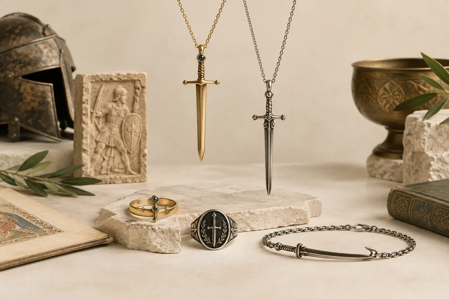 Editorial jewelry still life for Sword Jewelry Meaning: History, Symbolism, and Modern Wear
