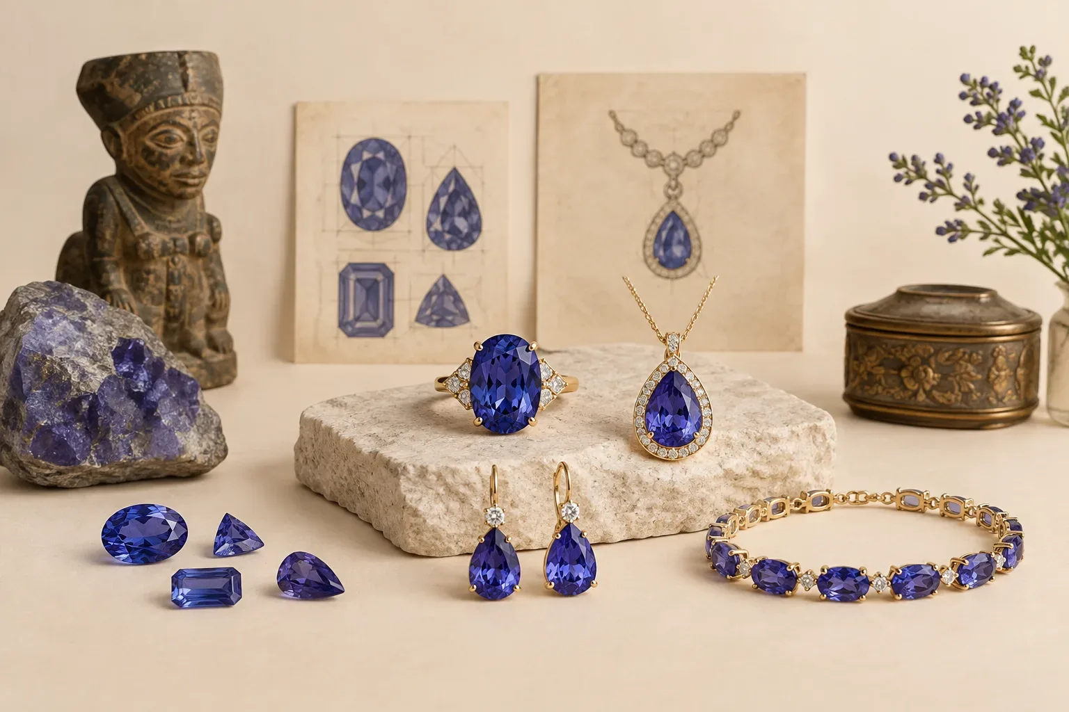 Editorial jewelry still life for Tanzanite Cuts and Settings: Choosing Beauty and Durability