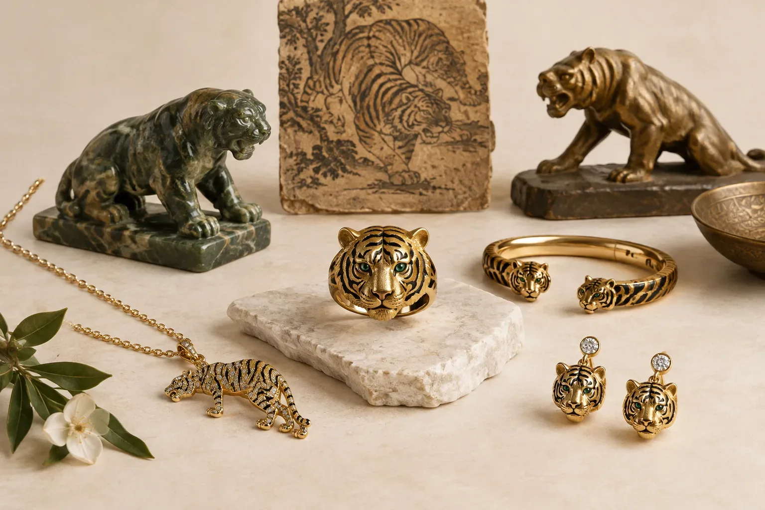 Editorial jewelry still life for Tiger Jewelry Meaning: History, Symbolism, and Modern Wear