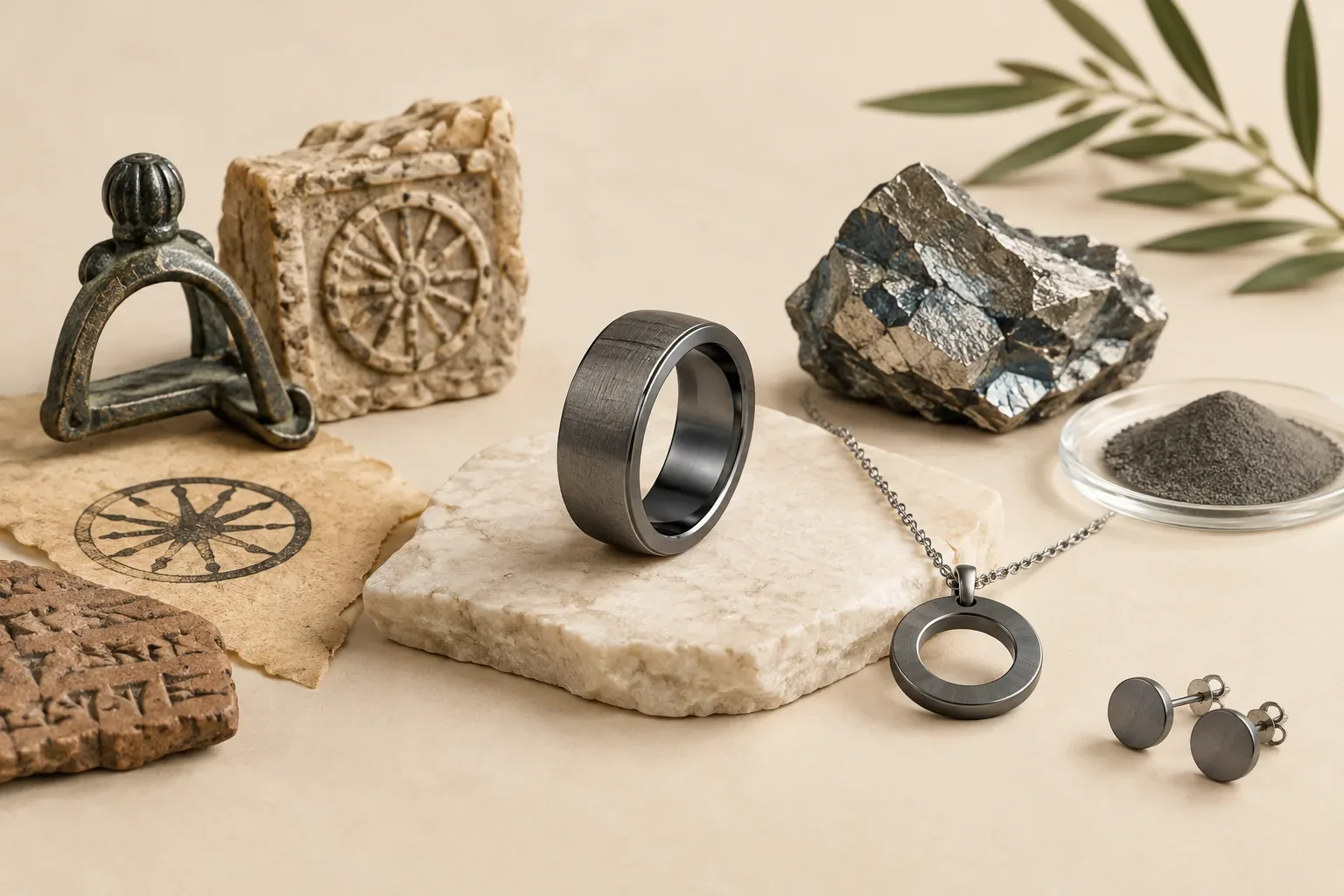 Editorial jewelry still life for Titanium Jewelry Explained: Composition, Hallmarks, and Disclosure