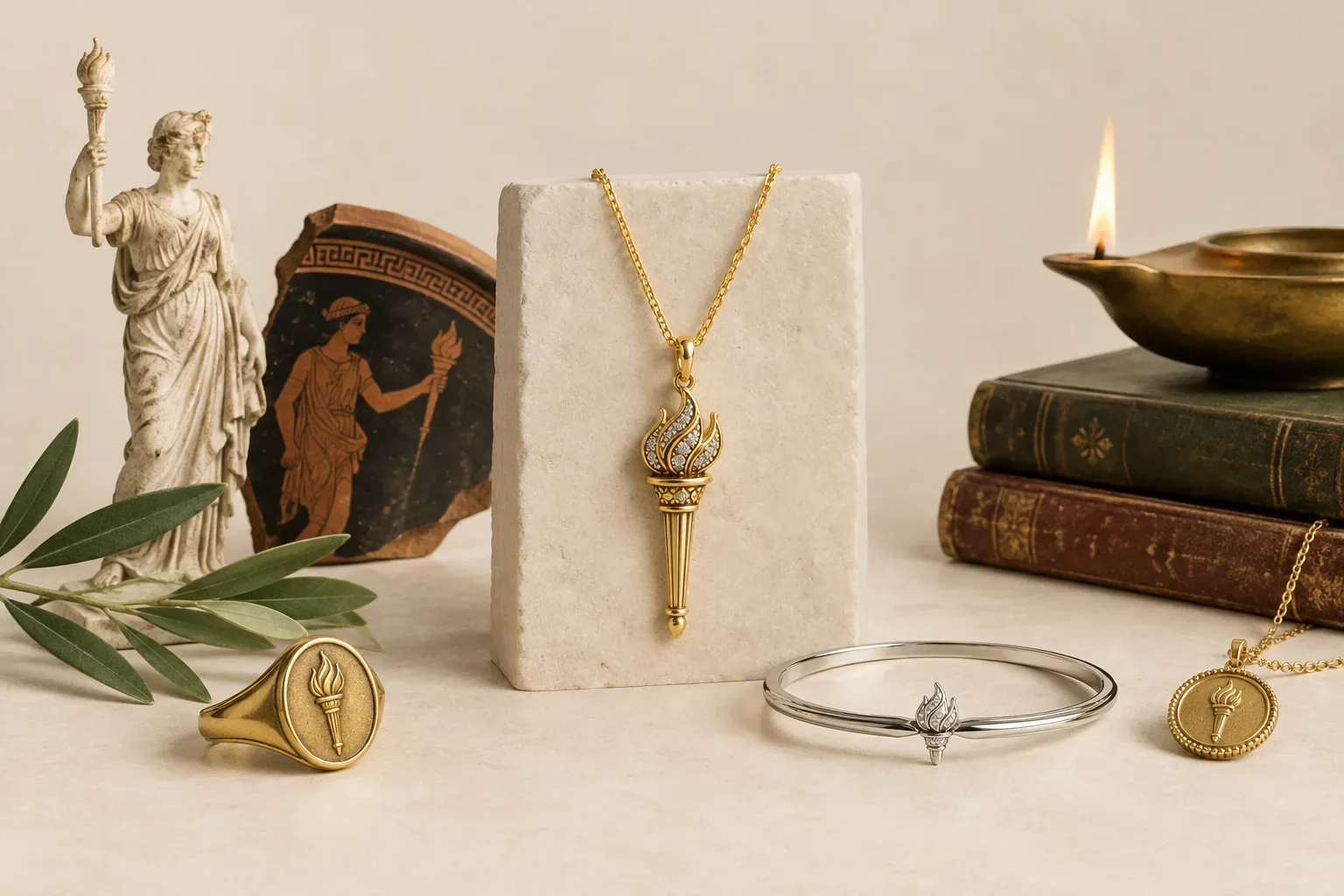 Editorial jewelry still life for Torch Jewelry Meaning: History, Symbolism, and Modern Wear