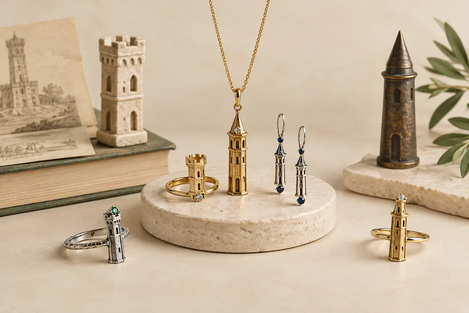 Editorial jewelry still life for Tower Jewelry Meaning: History, Symbolism, and Modern Wear