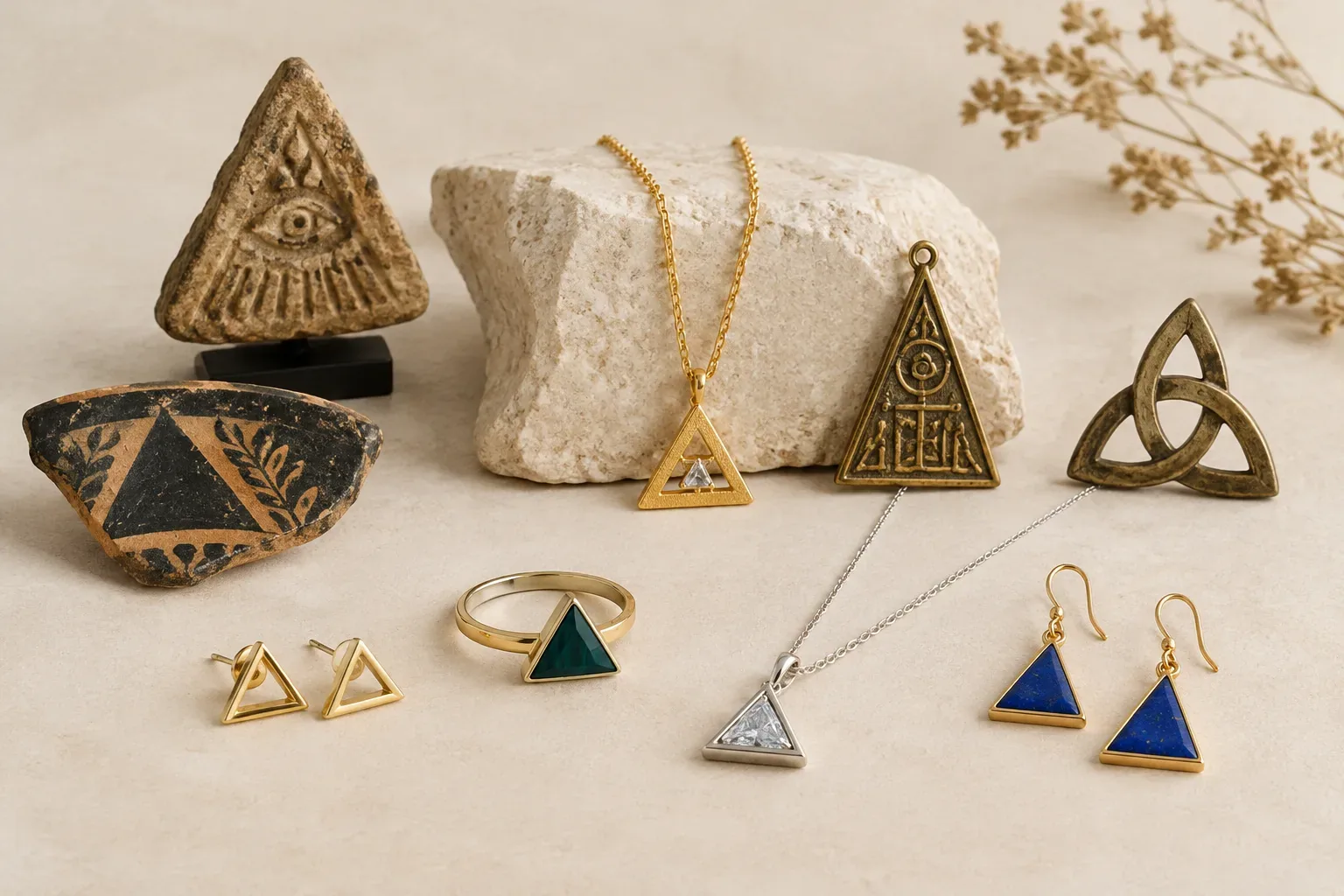 Editorial jewelry still life for Triangle Jewelry Meaning: History, Symbolism, and Modern Wear