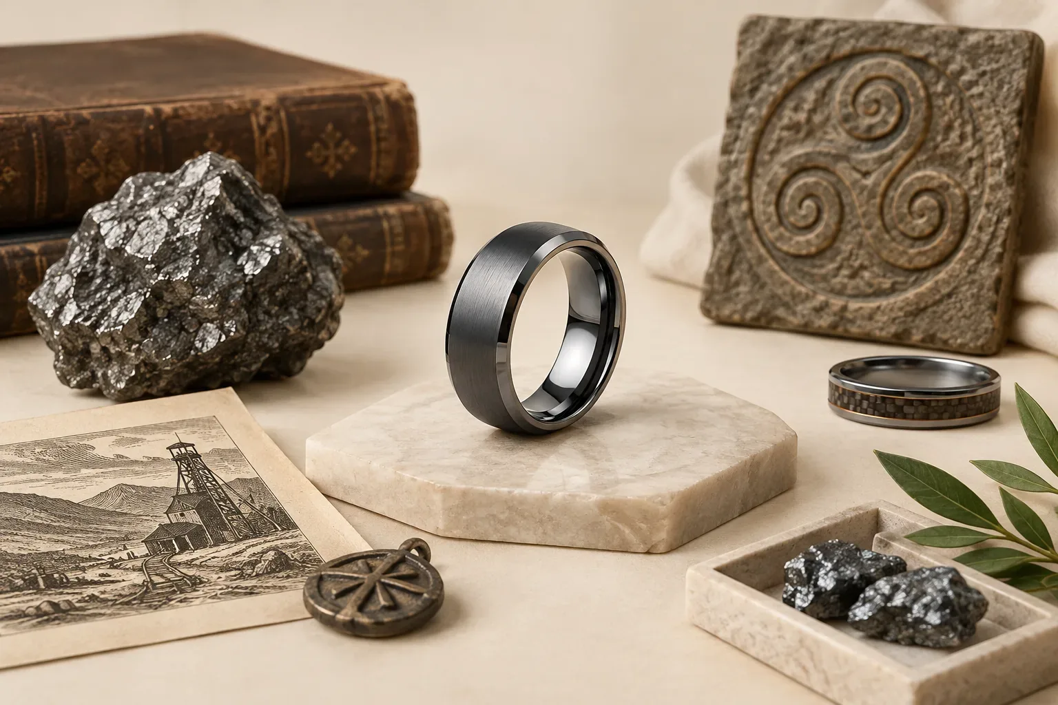 Editorial jewelry still life for Tungsten Carbide Jewelry Explained: Composition, Hallmarks, and Disclosure