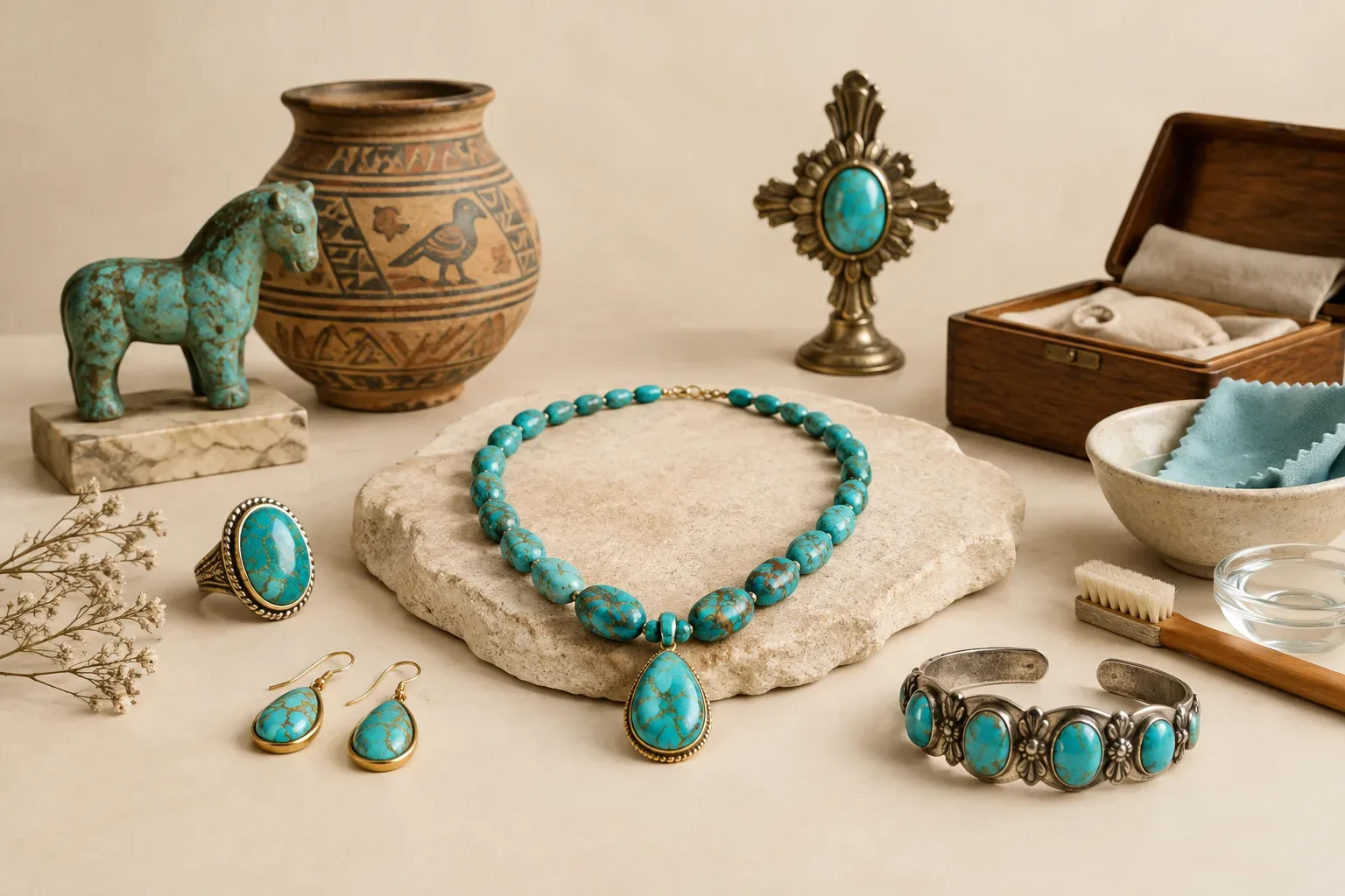 Editorial jewelry still life for Turquoise Jewelry Cleaning and Storage Guide: Safe Methods and Mistakes