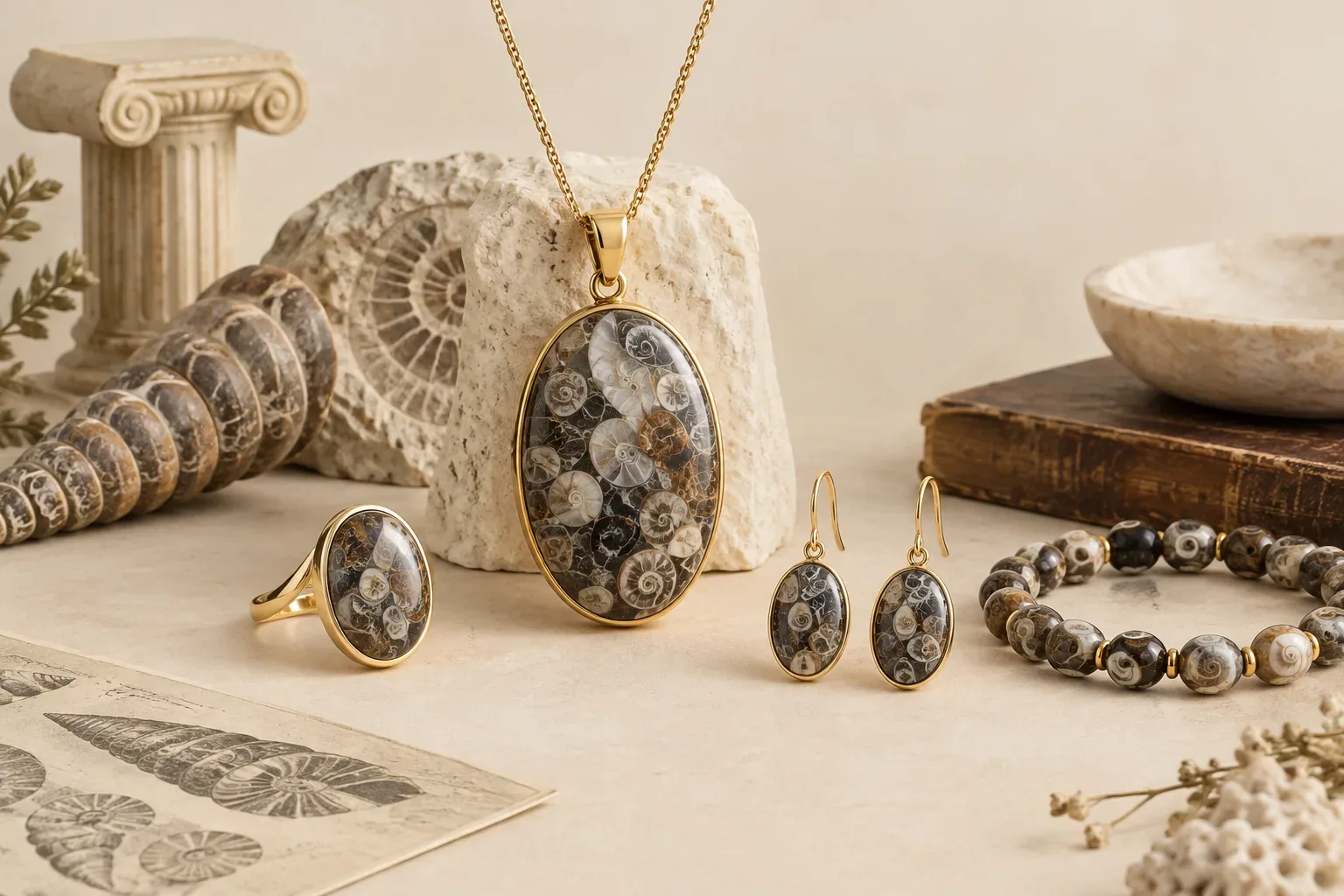 Editorial jewelry still life for Turritella Agate Jewelry Buying Guide: Authenticity, Treatment, and Care