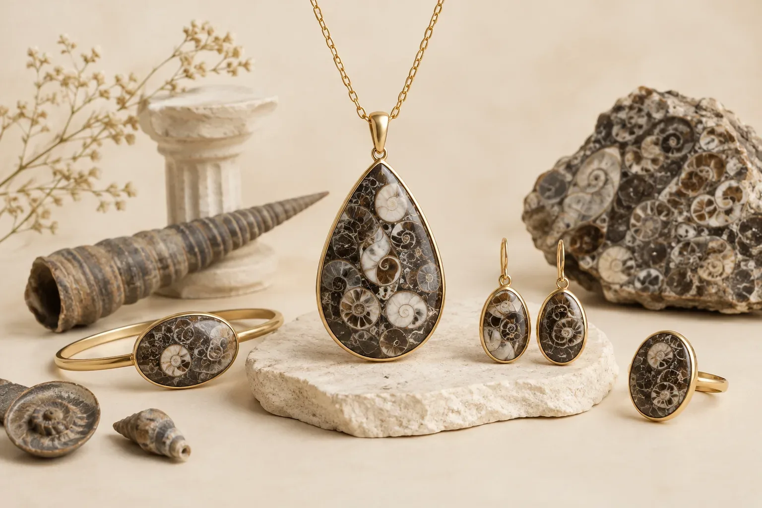 Editorial jewelry still life for Turritella Agate Jewelry Guide: Natural History, Meaning, and Responsible Wear