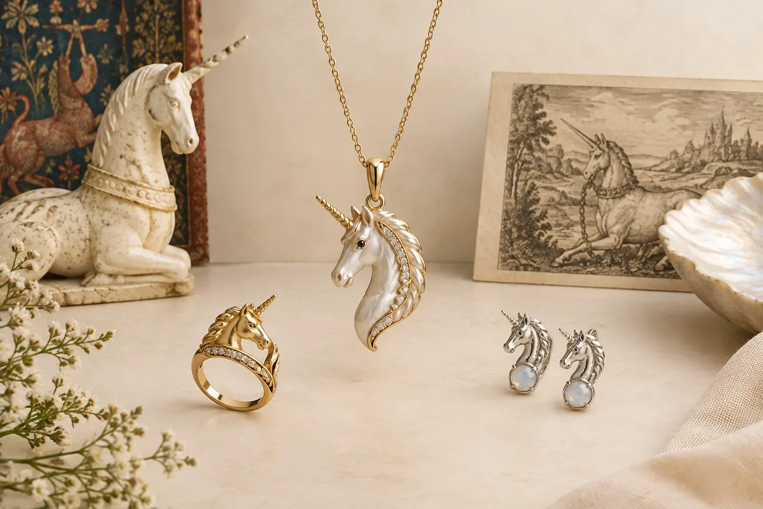 Editorial jewelry still life for Unicorn Jewelry Meaning: History, Symbolism, and Modern Wear