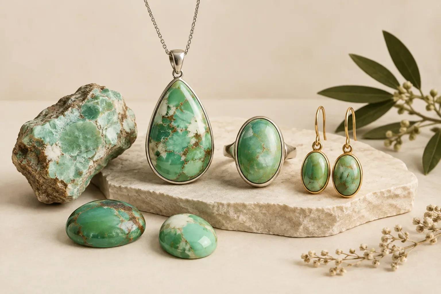 Editorial jewelry still life for Variscite Jewelry Meaning: Green Color, Buying, and Care