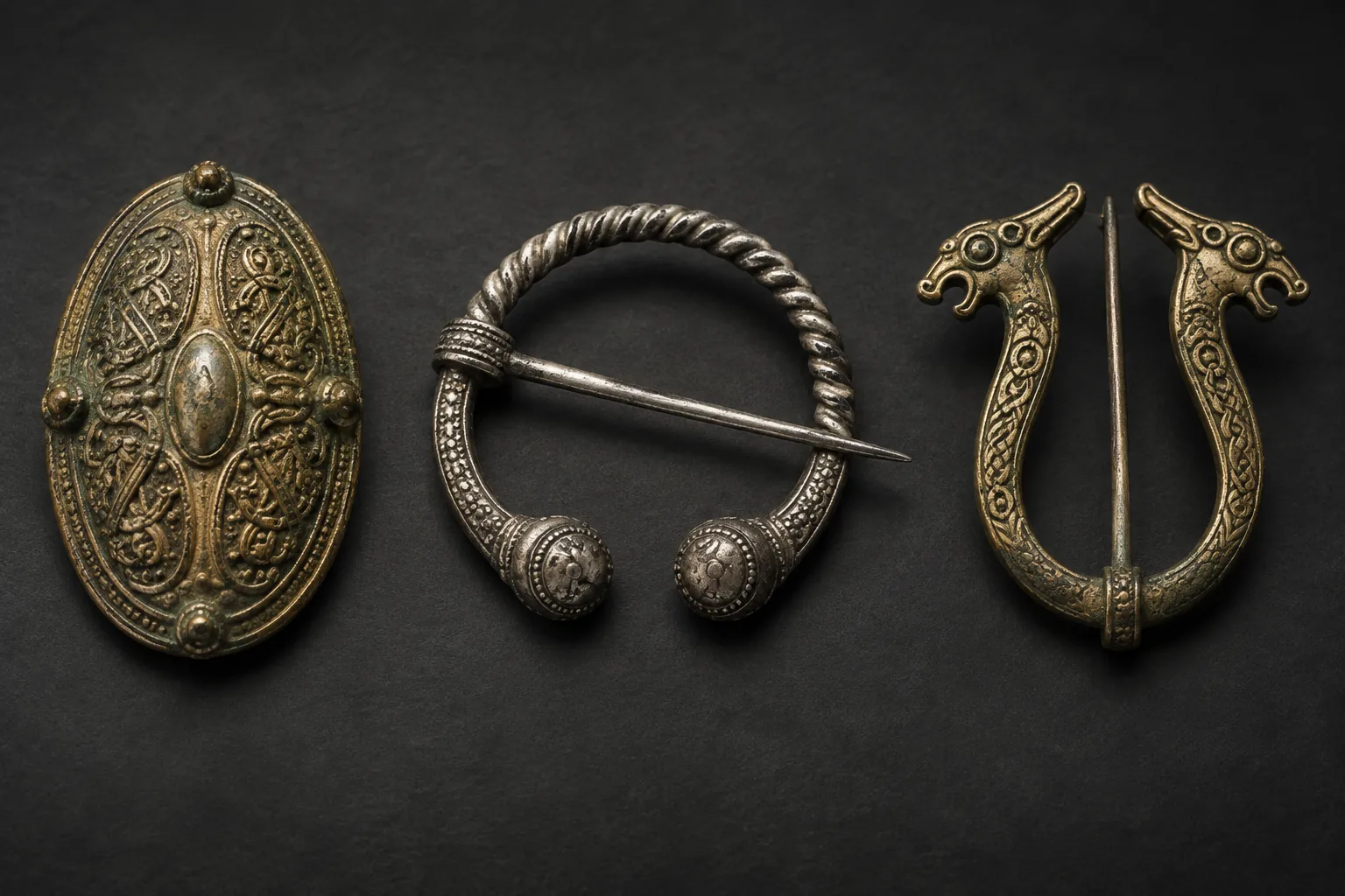 Historically inspired Viking brooch forms arranged as archaeological museum objects