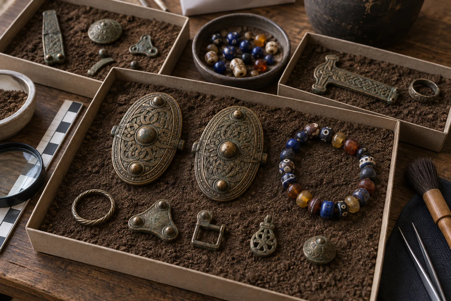 Viking jewelry grave goods arranged respectfully in archaeological museum trays
