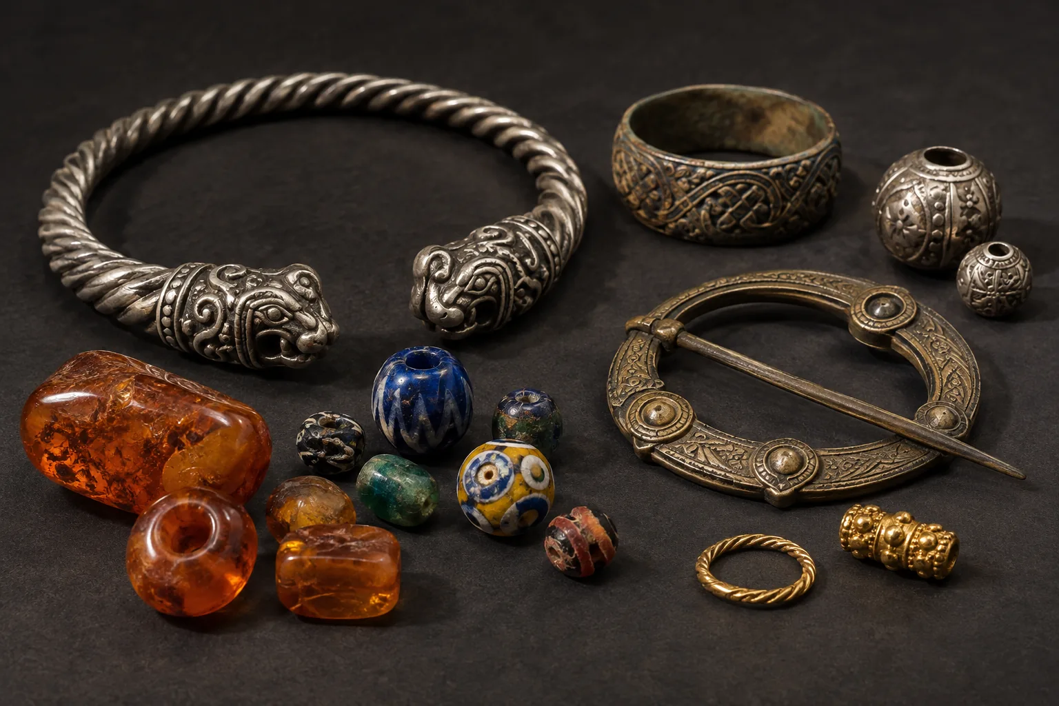 Museum-style arrangement of Viking Age silver bronze amber glass and gold jewelry materials